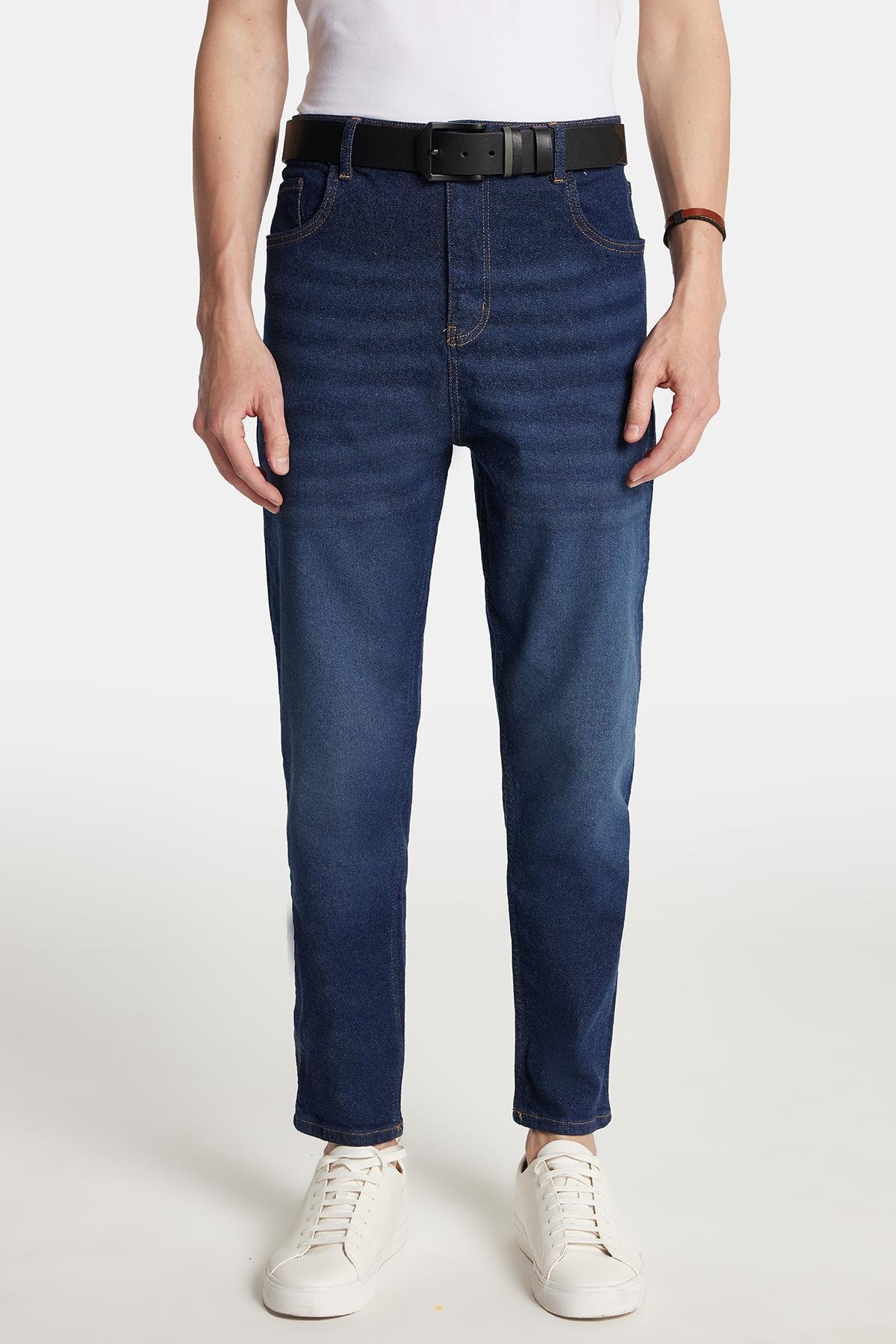 TUDORS Erkek Regular Fit Bol Kesim Denim Yıkamalı Efektli Esnek Lacivert Jean Pantolon