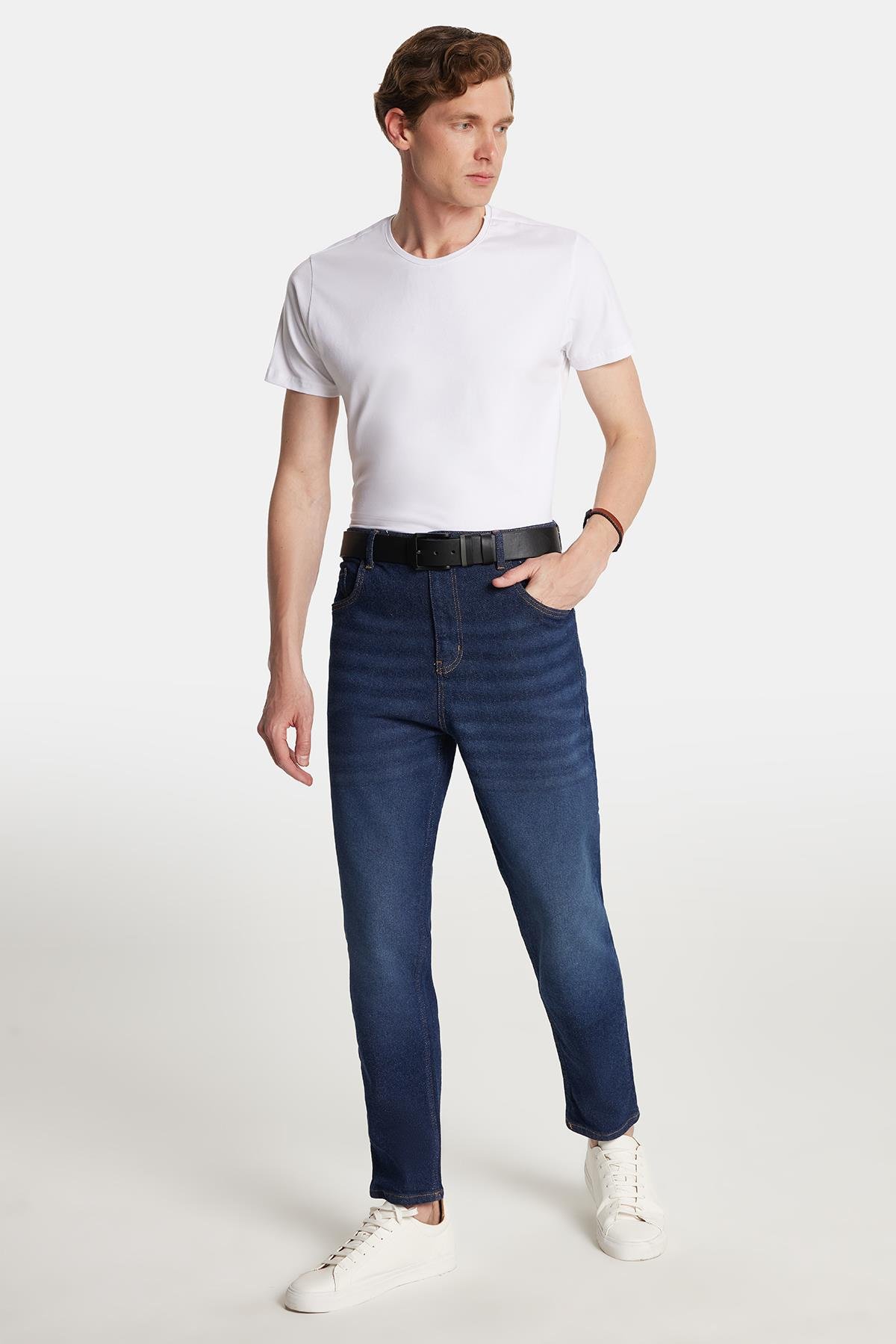 TUDORS Erkek Regular Fit Bol Kesim Denim Yıkamalı Efektli Esnek Lacivert Jean Pantolon görsel 3