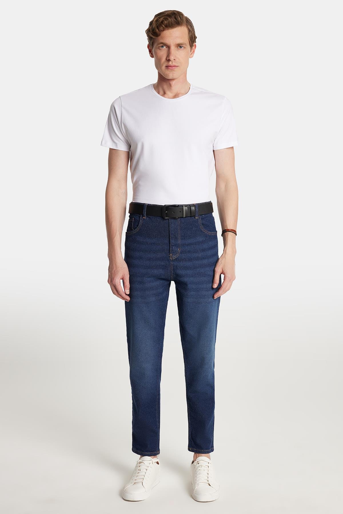 TUDORS Erkek Regular Fit Bol Kesim Denim Yıkamalı Efektli Esnek Lacivert Jean Pantolon görsel 4