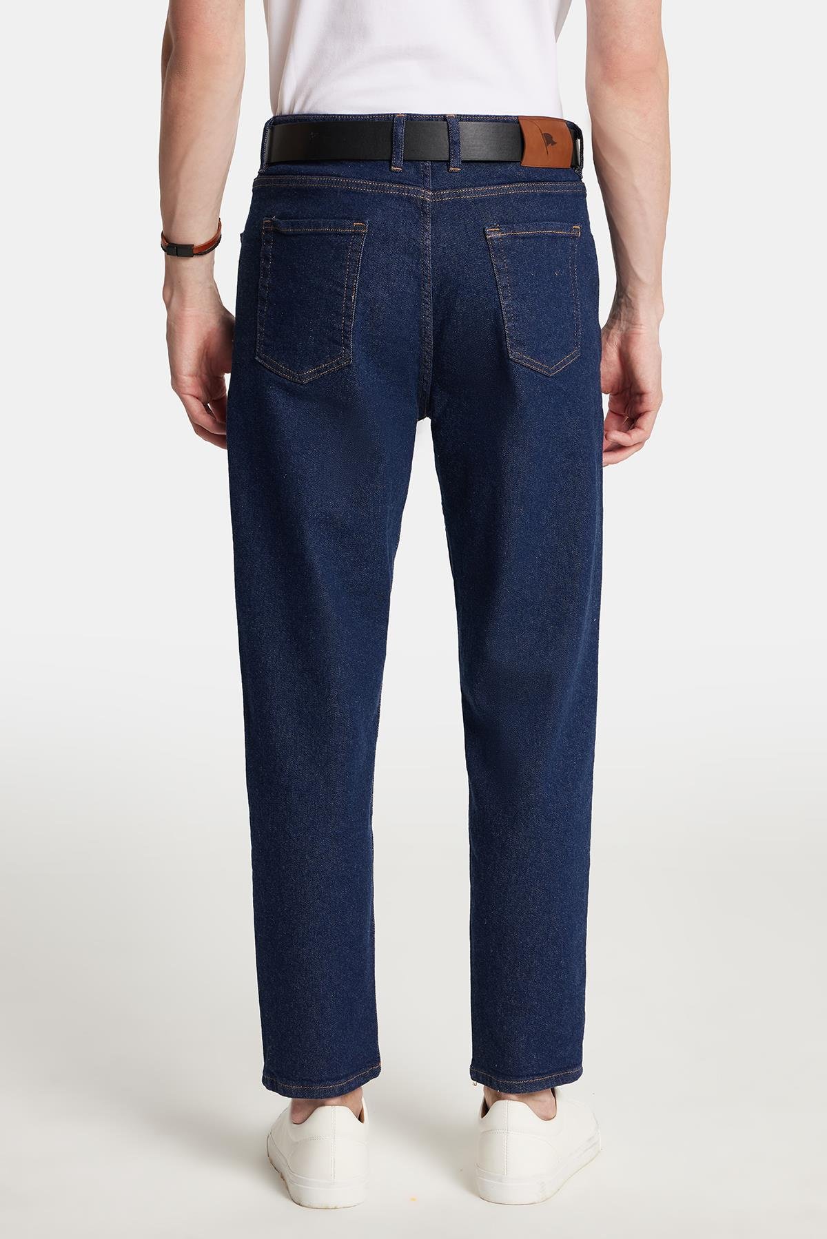 TUDORS Erkek Regular Fit Bol Kesim Denim Yıkamalı Efektli Esnek Lacivert Jean Pantolon görsel 5