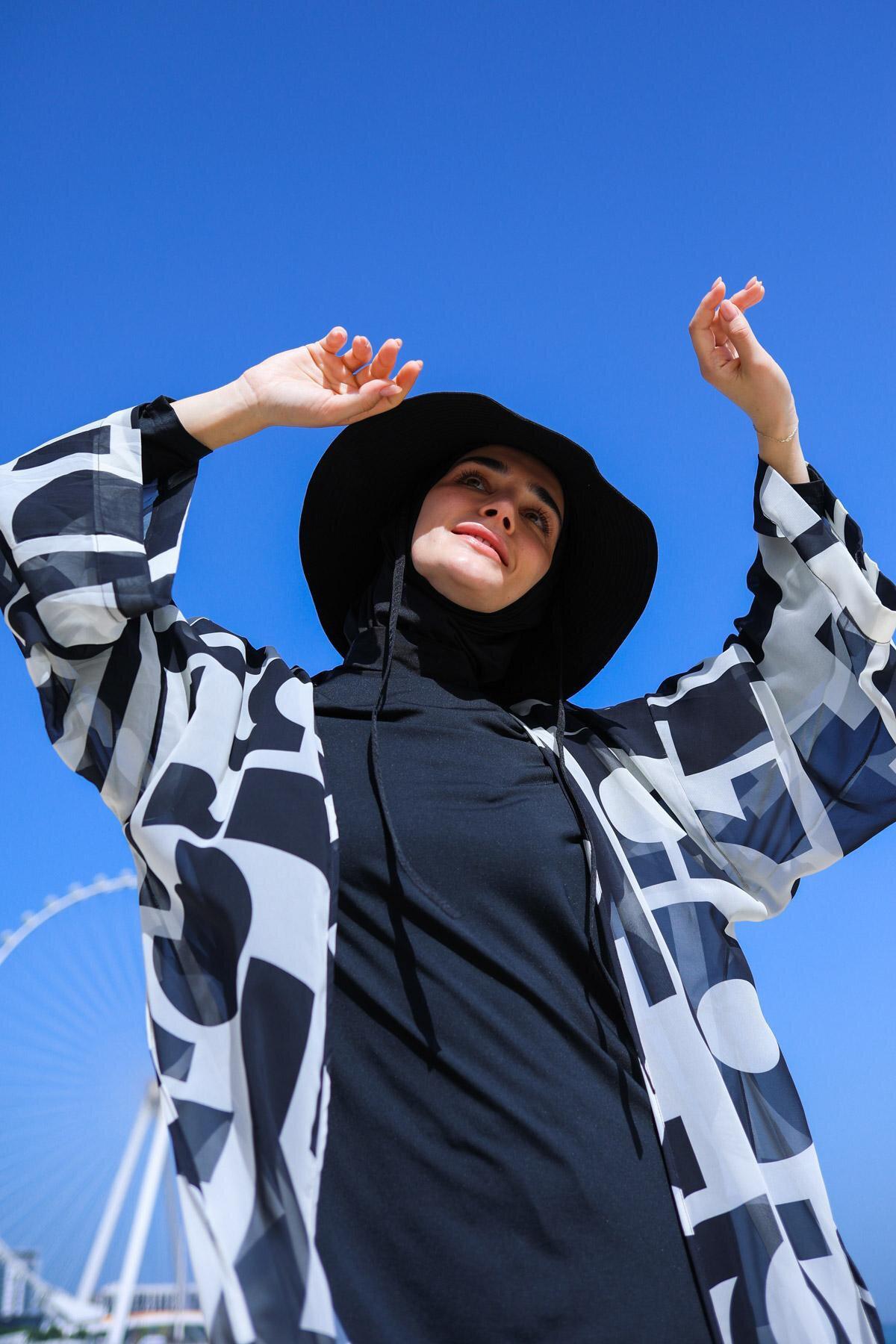 Marina Geometrik Siyah Kimono Kaftan P2337 görsel 2