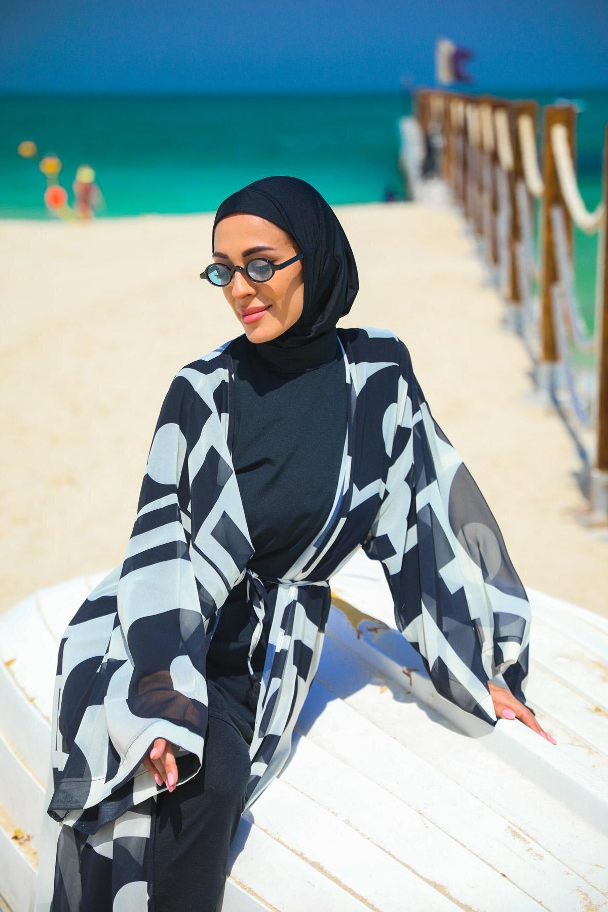 Marina Geometrik Siyah Kimono Kaftan P2337 görsel 3