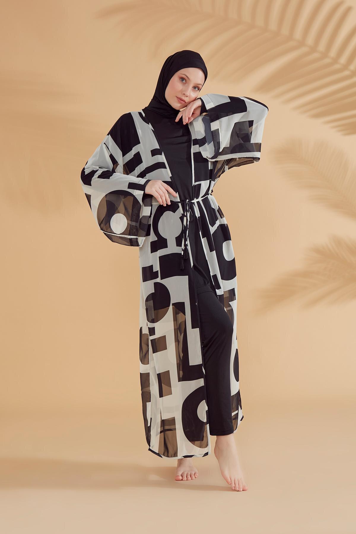 Marina Geometrik Siyah Kimono Kaftan P2337 görsel 4