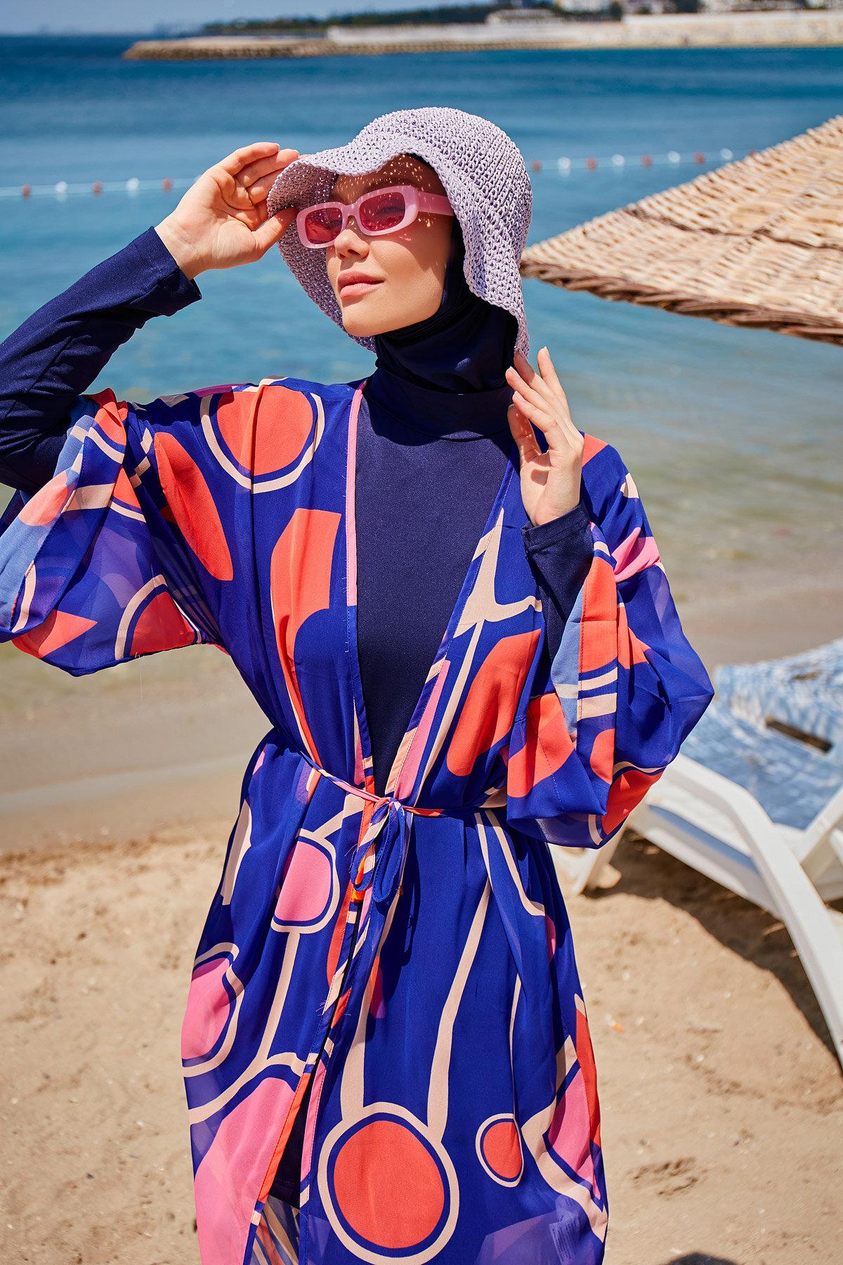 Marina Geometrik Saks Kimono Kaftan P2339