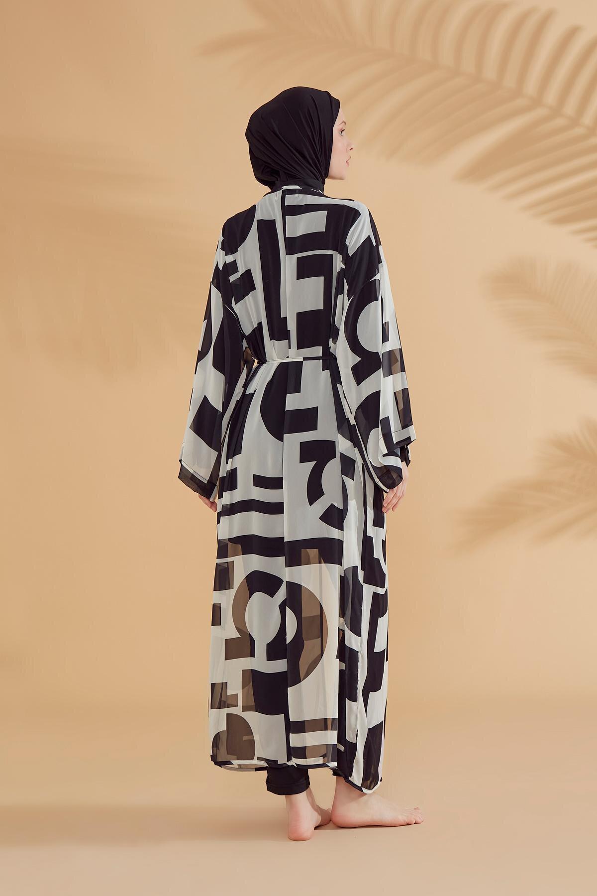 Marina Geometrik Siyah Kimono Kaftan P2337 görsel 5