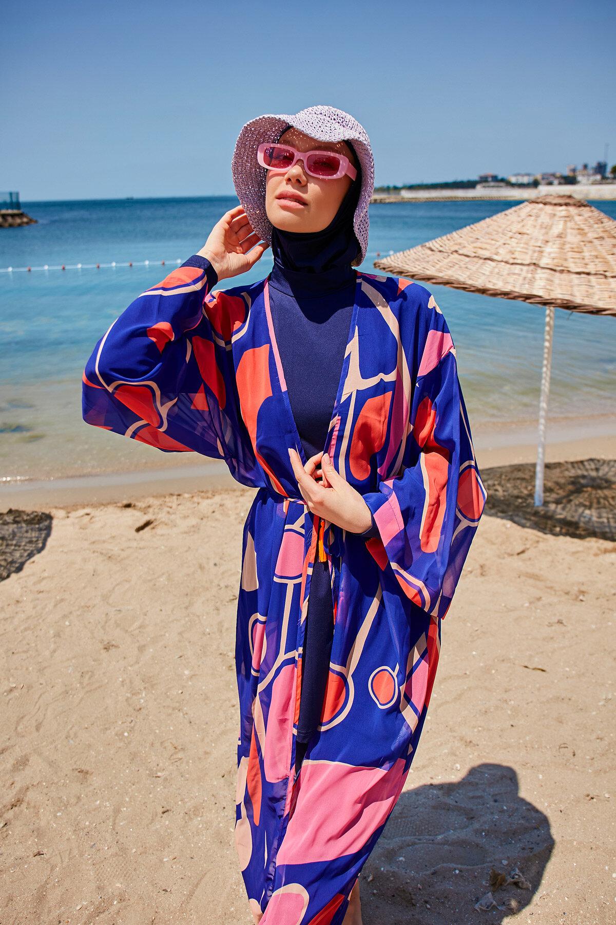 Marina Geometrik Saks Kimono Kaftan P2339 görsel 2