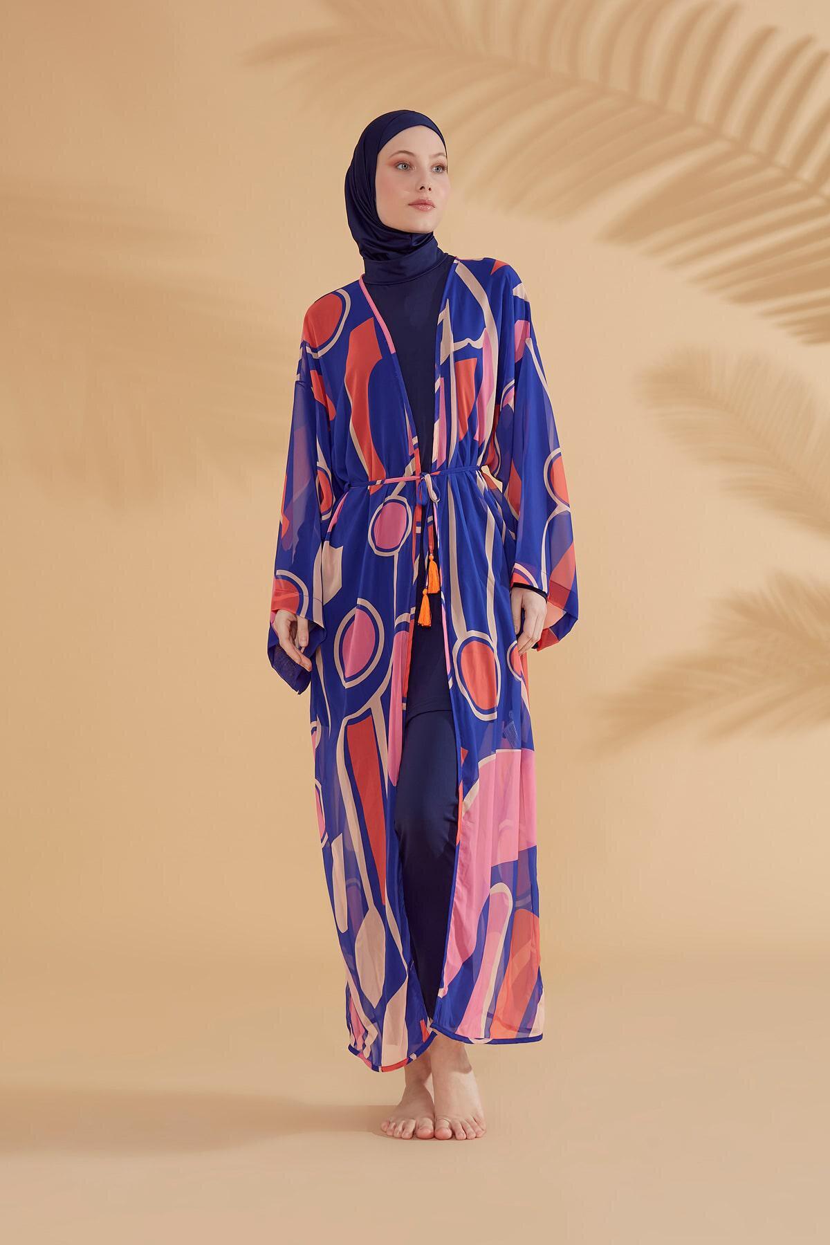 Marina Geometrik Saks Kimono Kaftan P2339 görsel 3