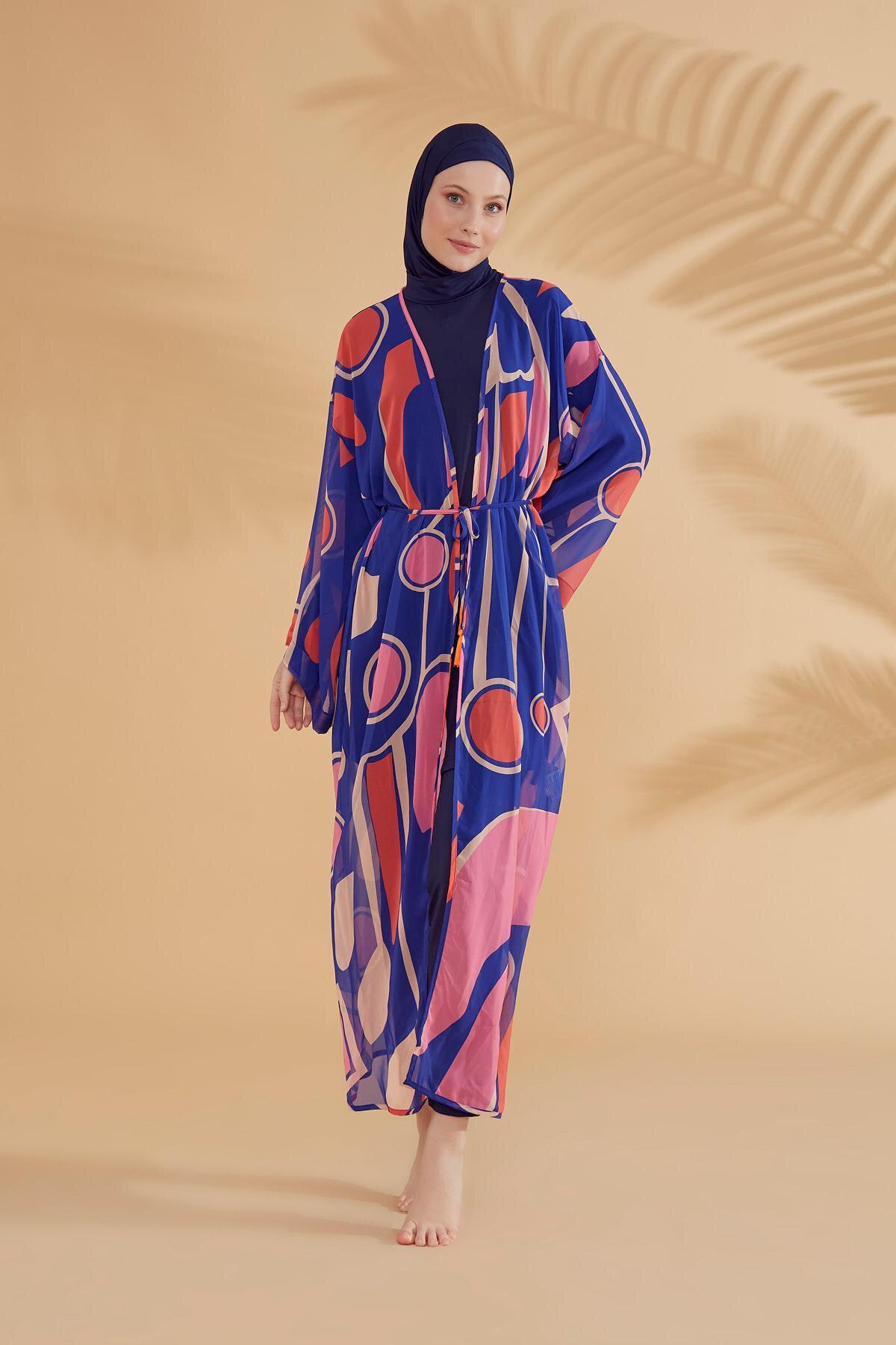 Marina Geometrik Saks Kimono Kaftan P2339 görsel 4