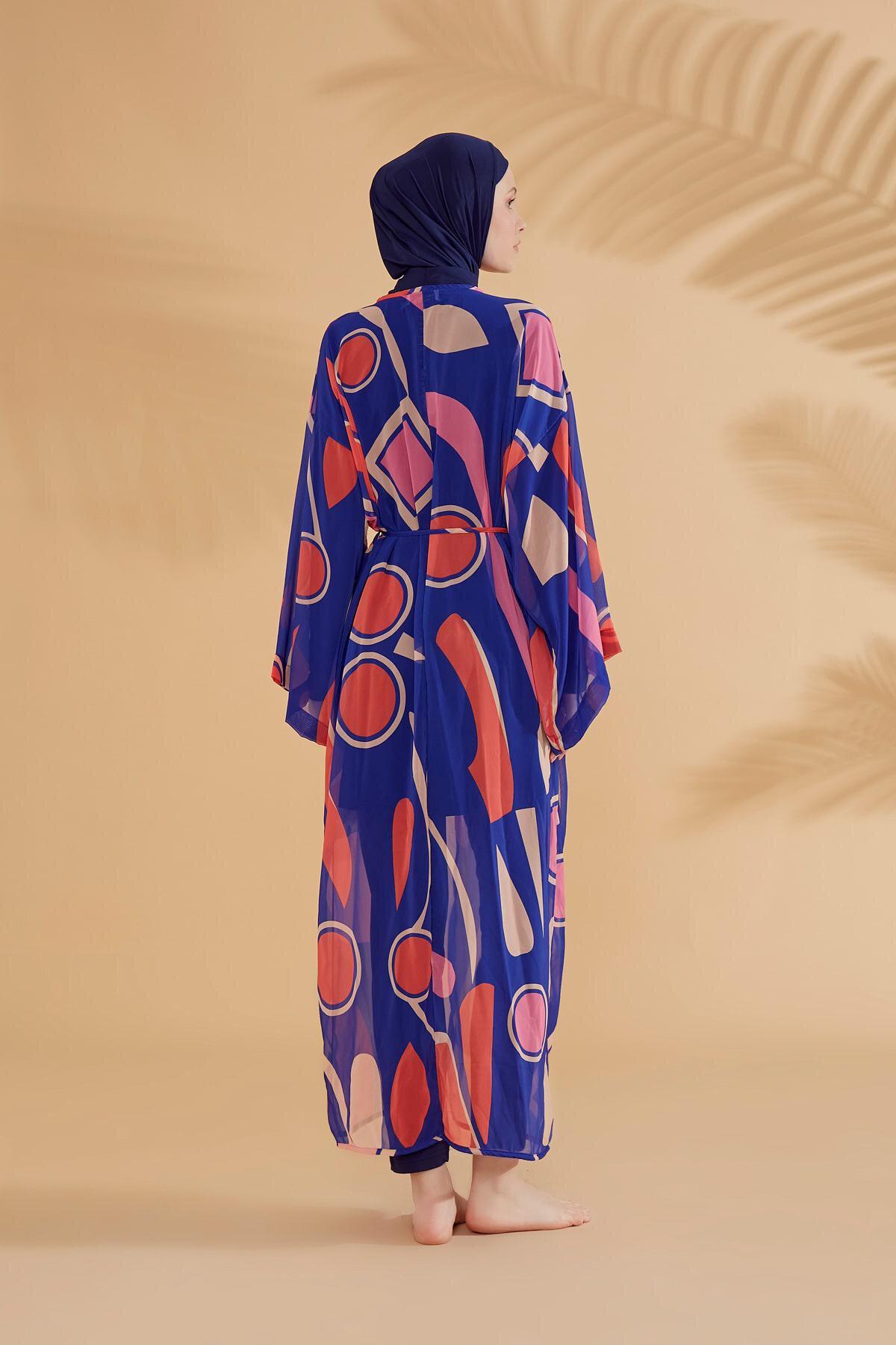 Marina Geometrik Saks Kimono Kaftan P2339 görsel 5