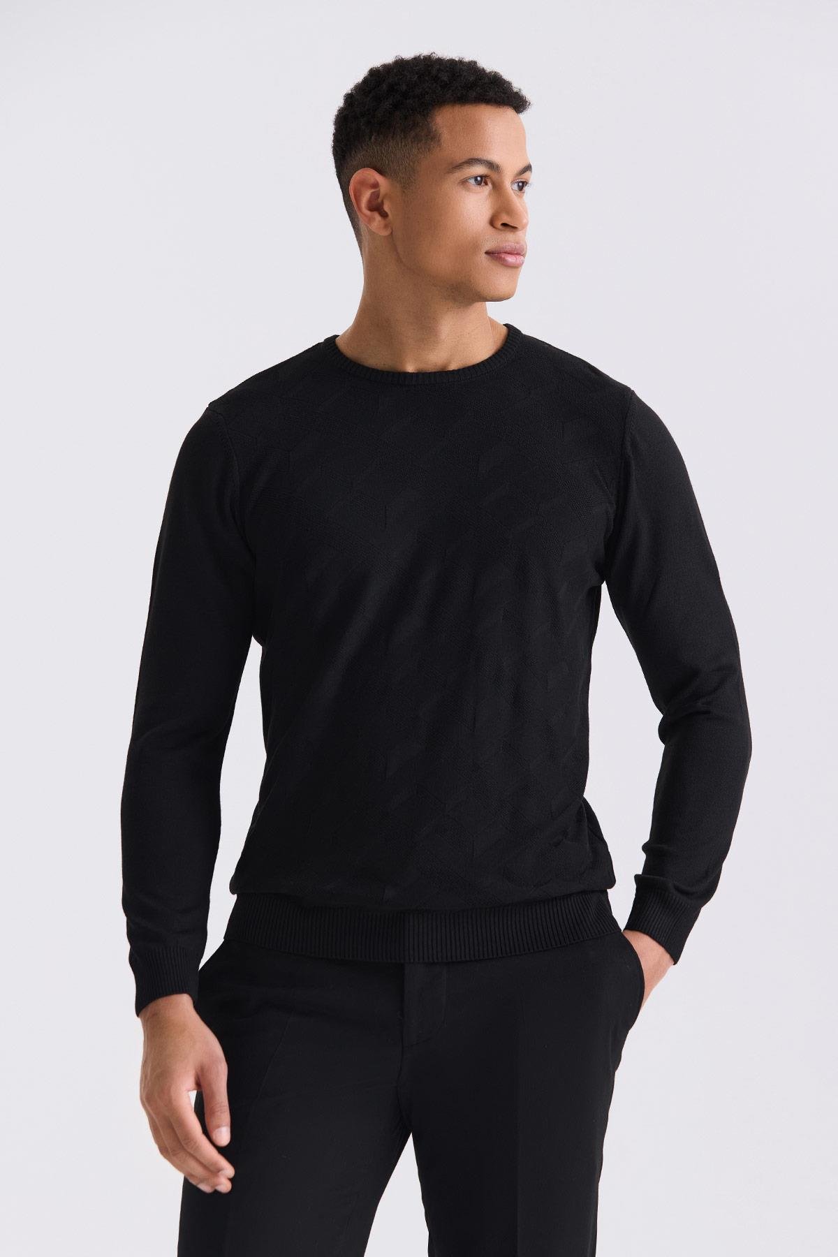 JAKAMEN Siyah Slim Fit Bisiklet Yaka Desenli Triko Kazak