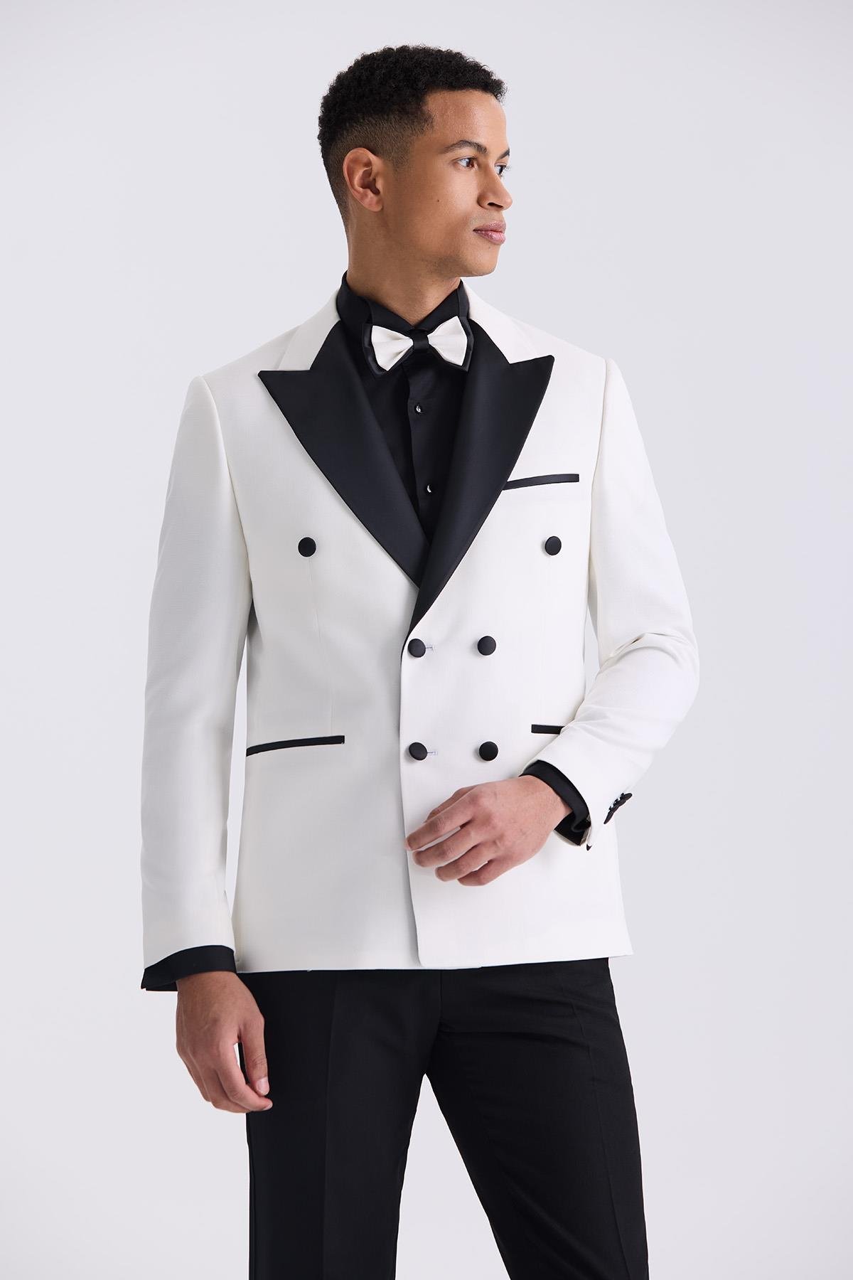 JAKAMEN Beyaz Slim Fit Sivri Yaka Kruvaze Smokin Takım Elbise