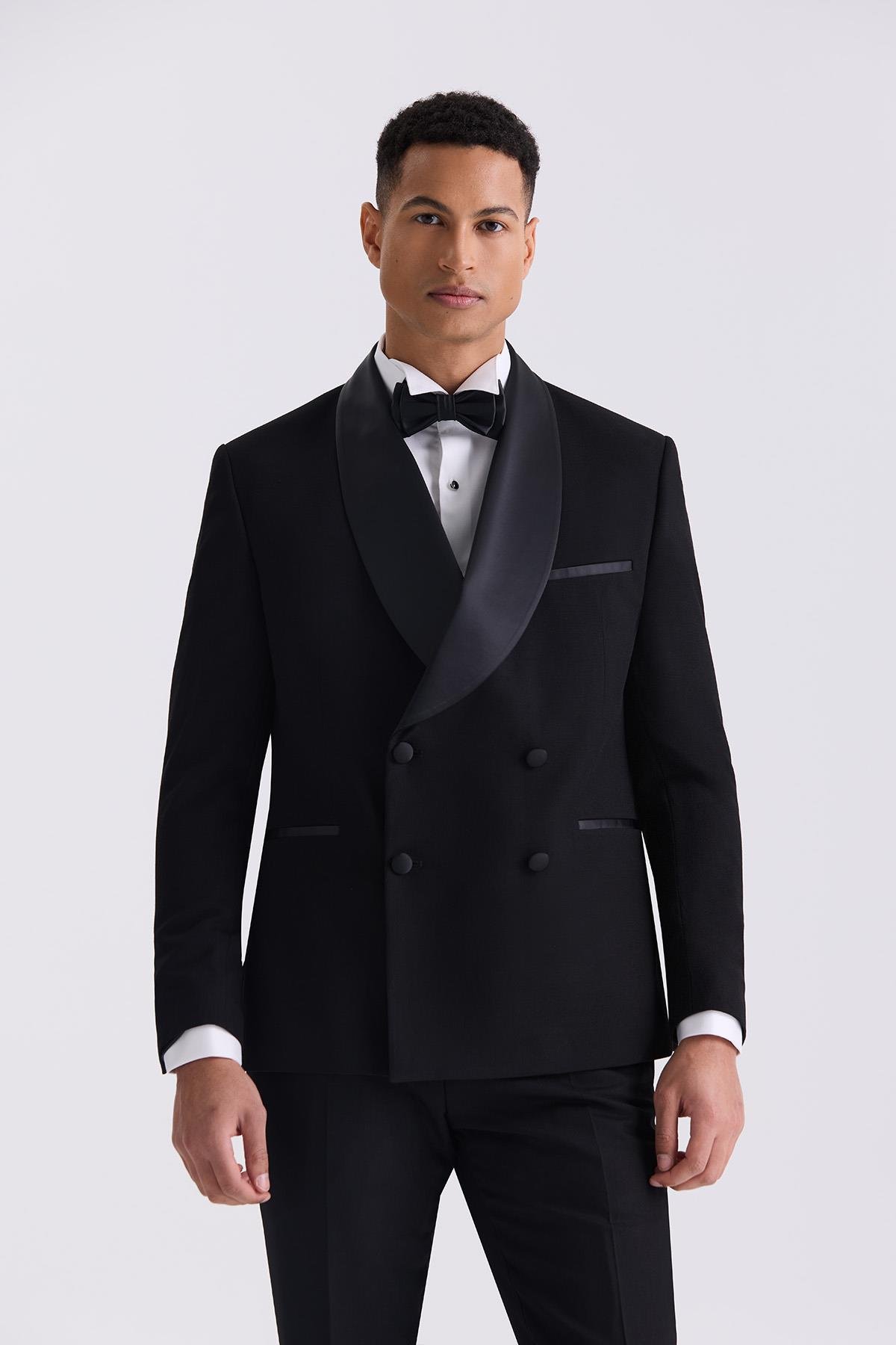 JAKAMEN Siyah Slim Fit Sabit Şal Yaka Kruvaze Smokin Takım Elbise