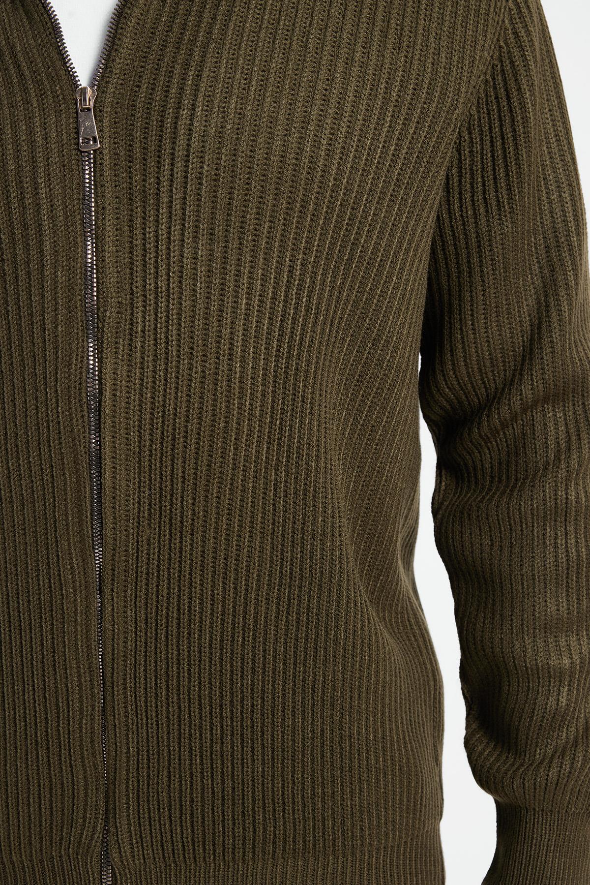 TUDORS Erkek Slim Fit Dik Yaka Fermuarlı Haki Düz Hırka görsel 5