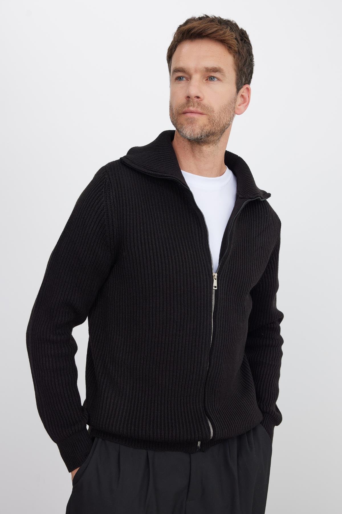 TUDORS Erkek Slim Fit Dik Yaka Fermuarlı Siyah Düz Hırka