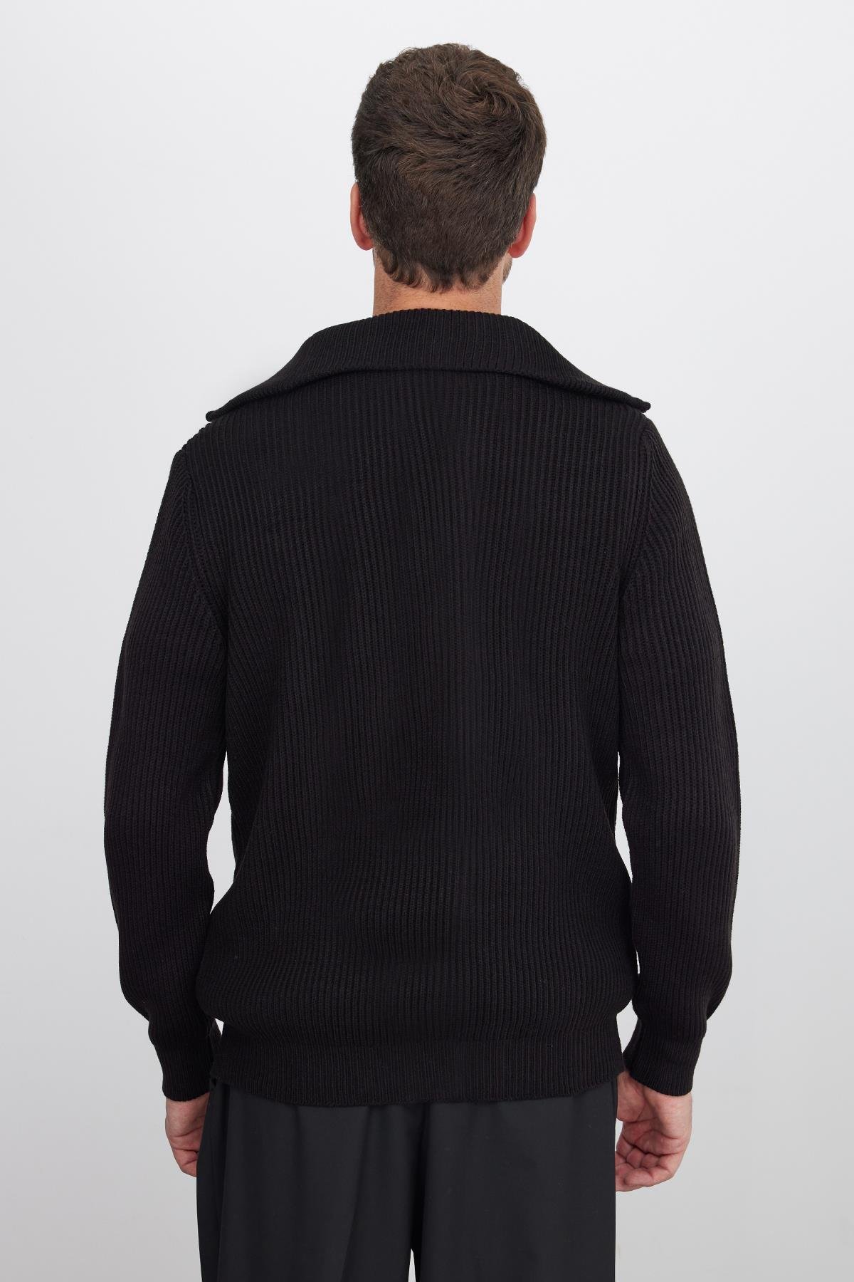TUDORS Erkek Slim Fit Dik Yaka Fermuarlı Siyah Düz Hırka görsel 8
