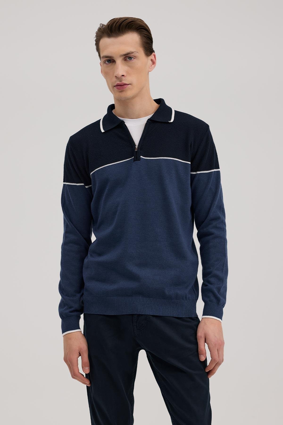 JAKAMEN Mavi Slim Fit Fermuarlı Polo Yaka Triko