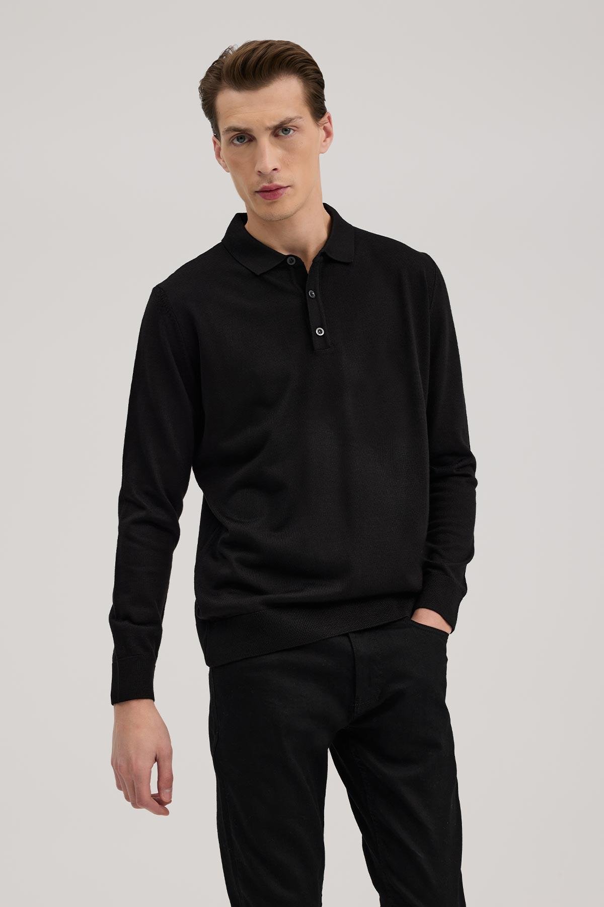 JAKAMEN Siyah Comfort Fit Polo Yaka Yünlü Triko