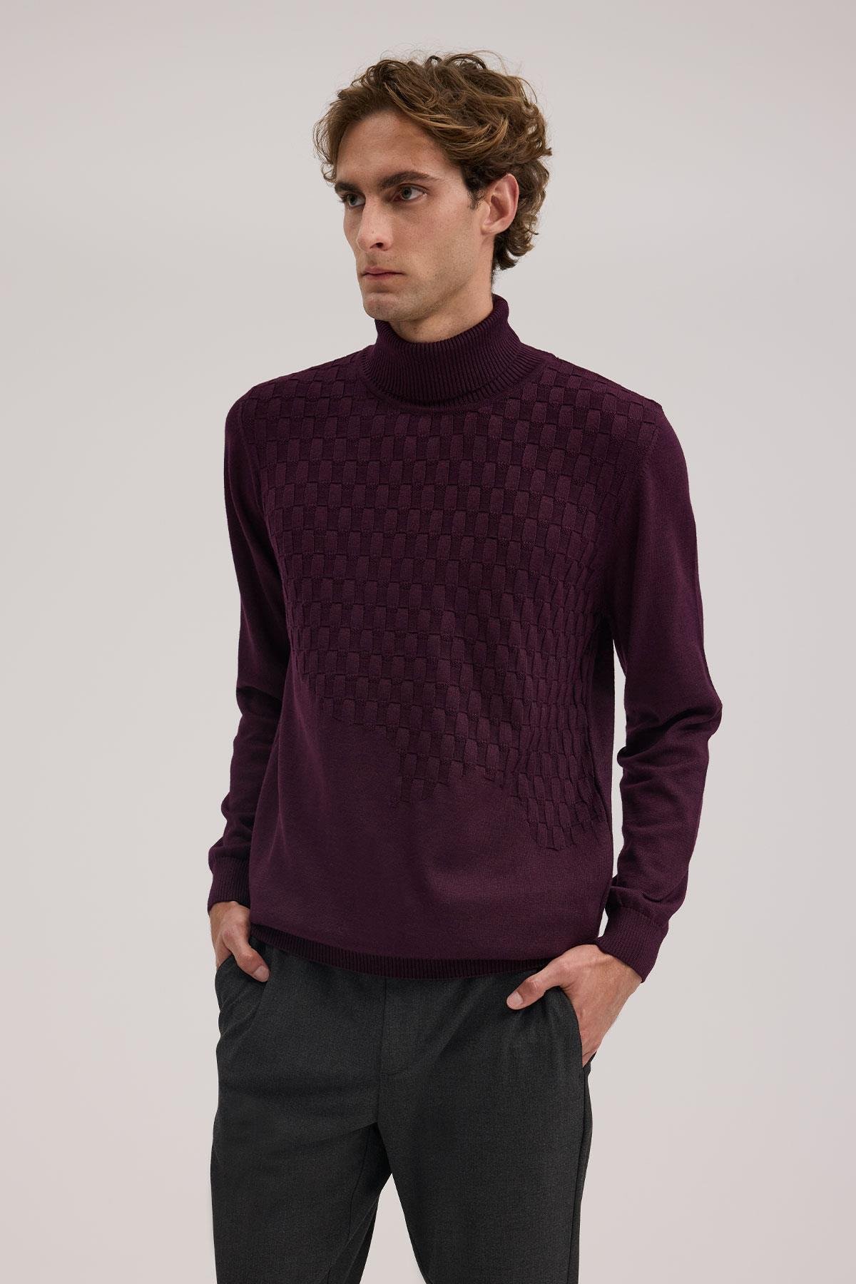 JAKAMEN Mor Slim Fit Desenli Tam Balıkçı Yaka Triko