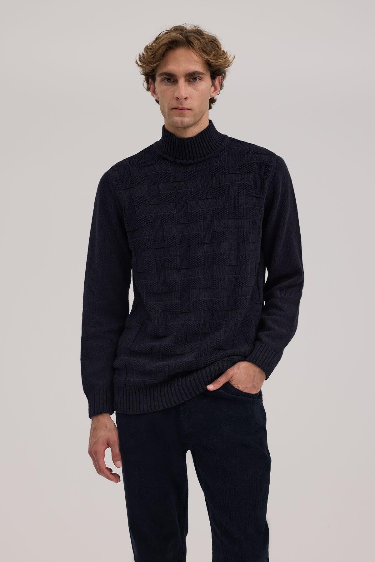 JAKAMEN Lacivert Slim Fit Desenli Pamuklu Tam Balıkçı Yaka Triko