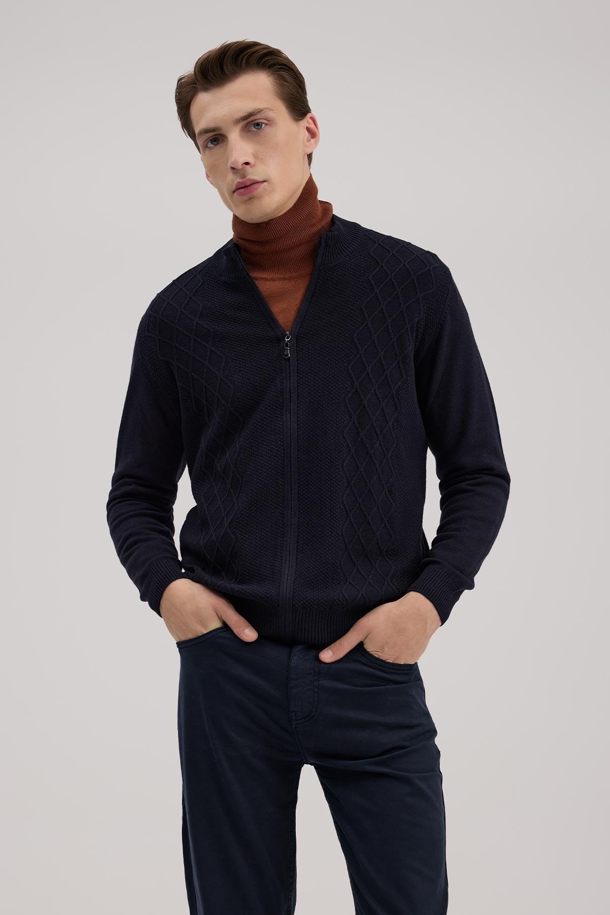 JAKAMEN Lacivert Regular Fit Desenli Fermuarlı Triko Hırka görsel 2