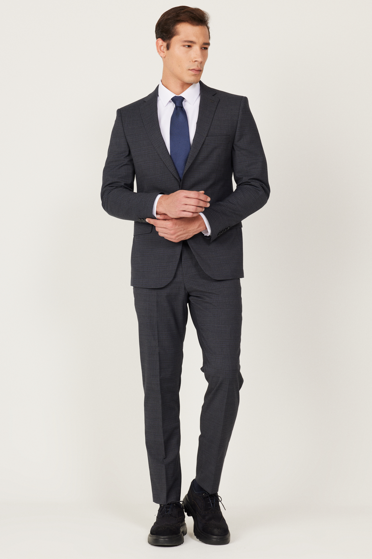 Altınyıldız Classics Erkek Antrasit-Lacivert Ekstra Slim Fit Dar Kesim Mono Yaka Desenli Takım Elbise görsel 6