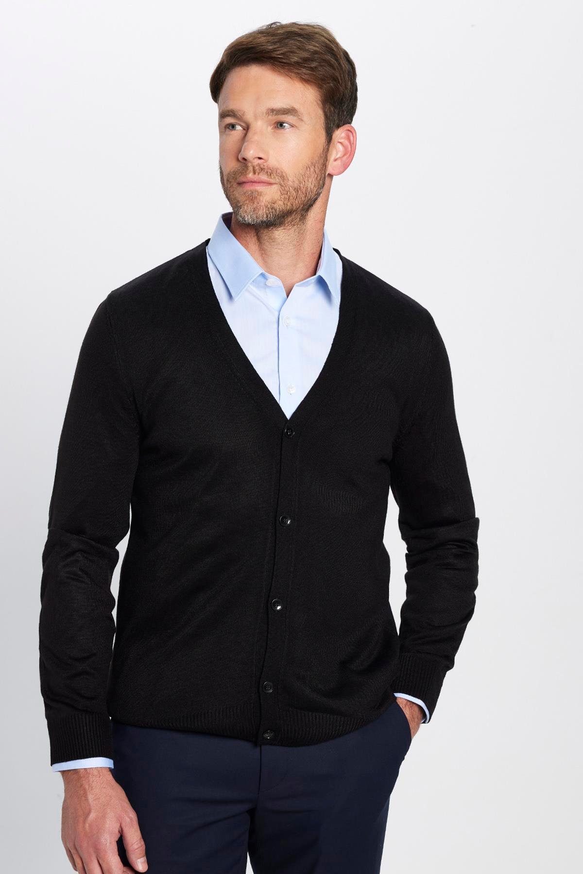TUDORS Slim Fit Dar Kesim Düğmeli Düz Tüylenmeyen Yumuşak Dokulu Erkek Hırka görsel 2