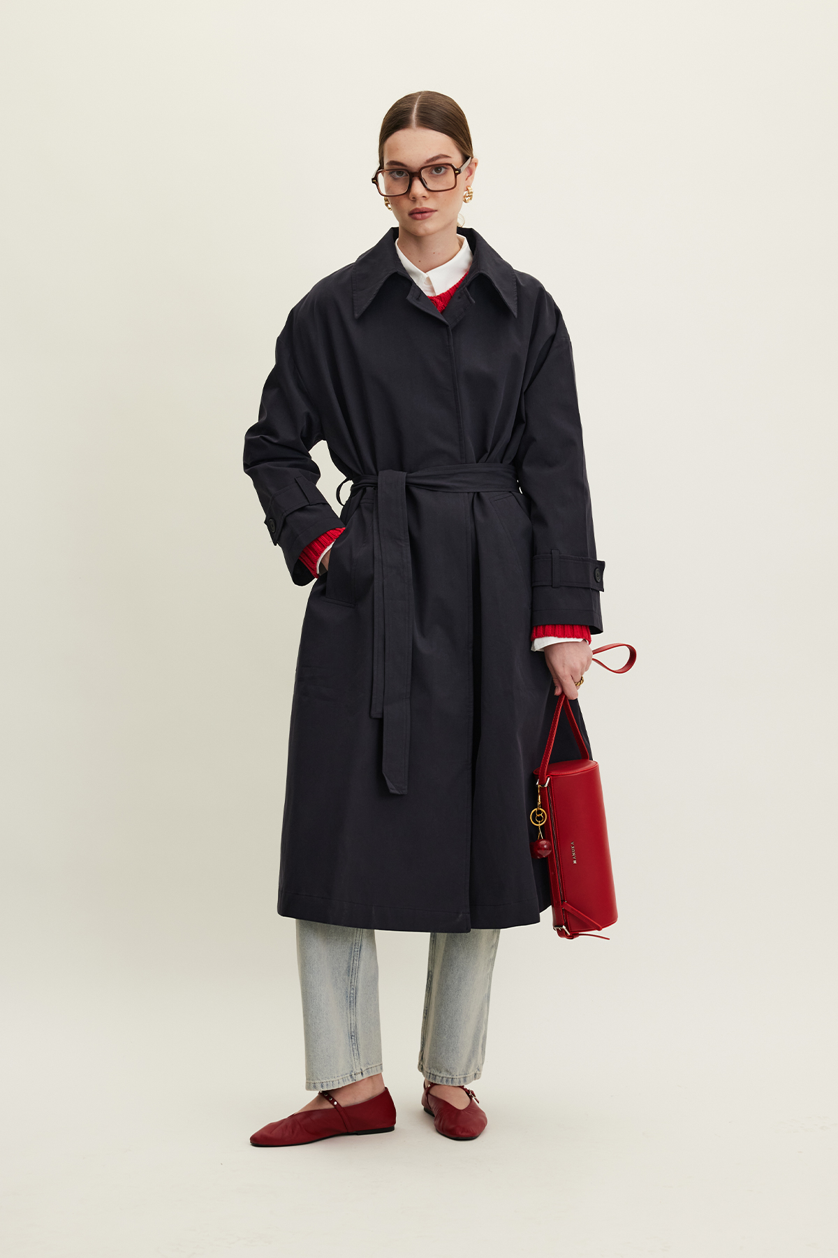Manuka Kemerli Oversize Gabardin Trençkot Lacivert