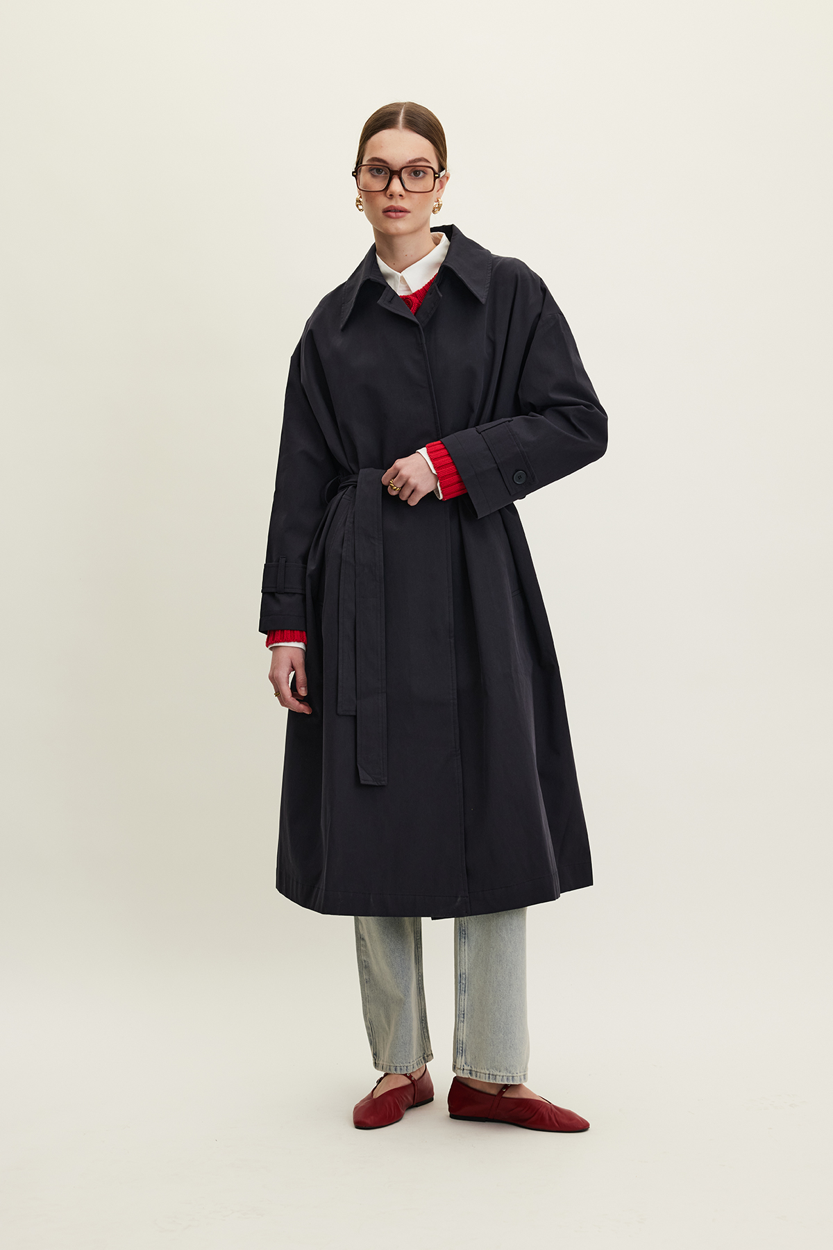 Manuka Kemerli Oversize Gabardin Trençkot Lacivert görsel 2