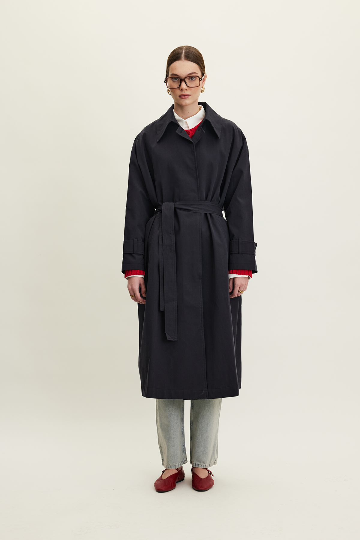 Manuka Kemerli Oversize Gabardin Trençkot Lacivert görsel 3