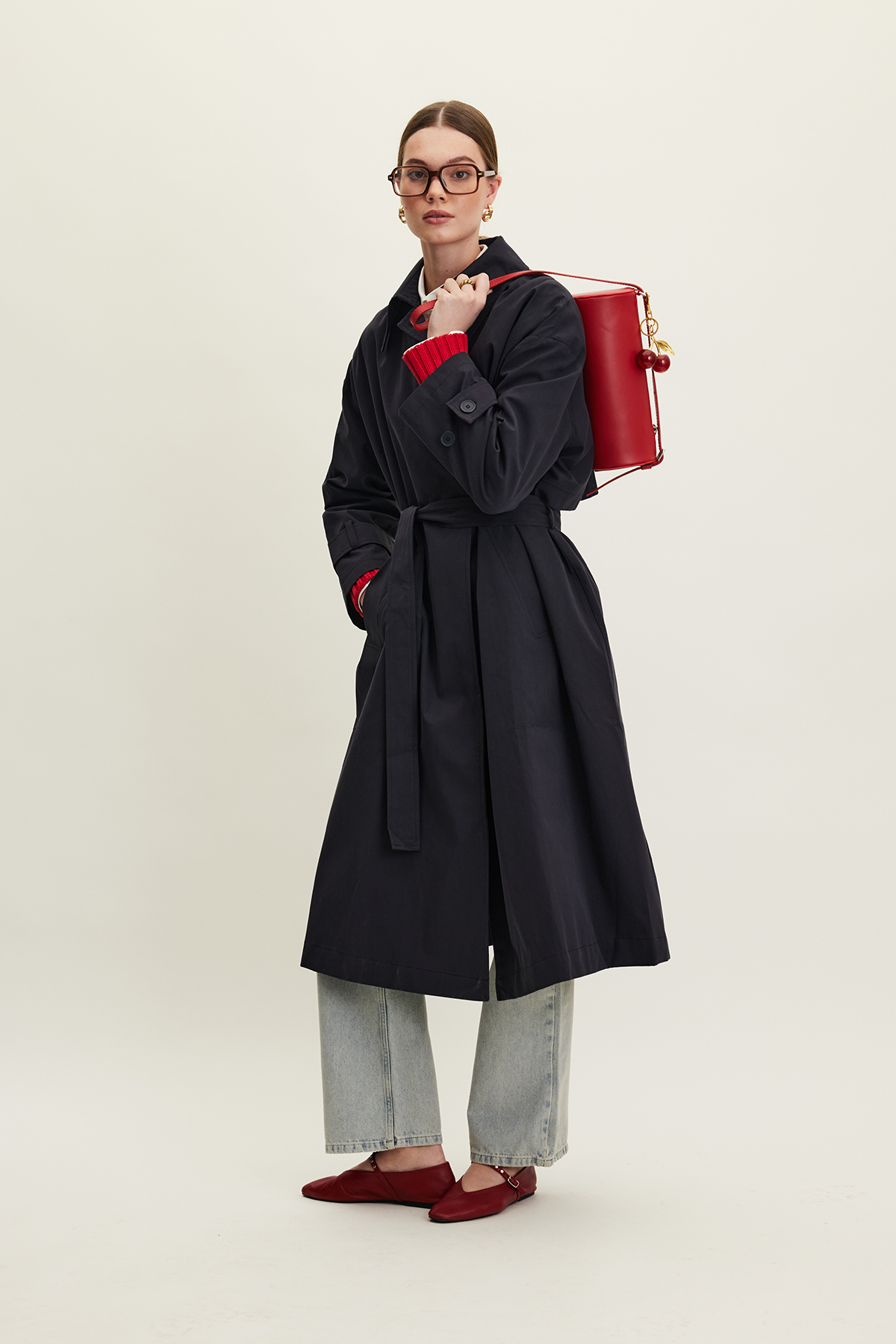 Manuka Kemerli Oversize Gabardin Trençkot Lacivert görsel 4