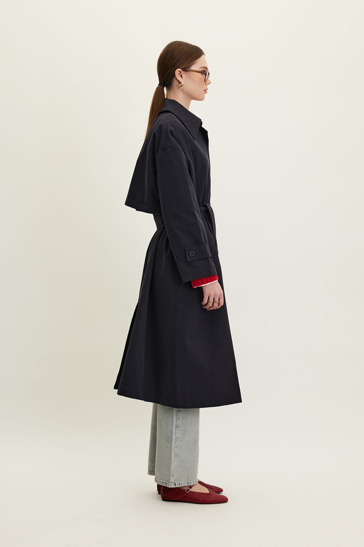 Manuka Kemerli Oversize Gabardin Trençkot Lacivert görsel 5