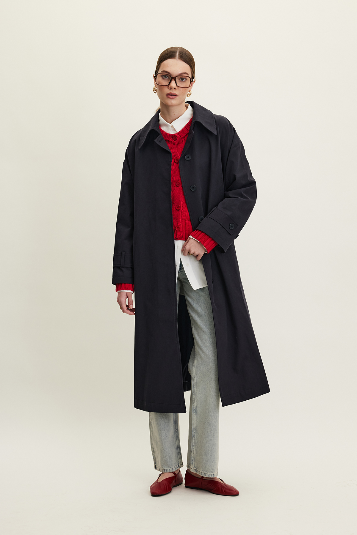 Manuka Kemerli Oversize Gabardin Trençkot Lacivert görsel 6