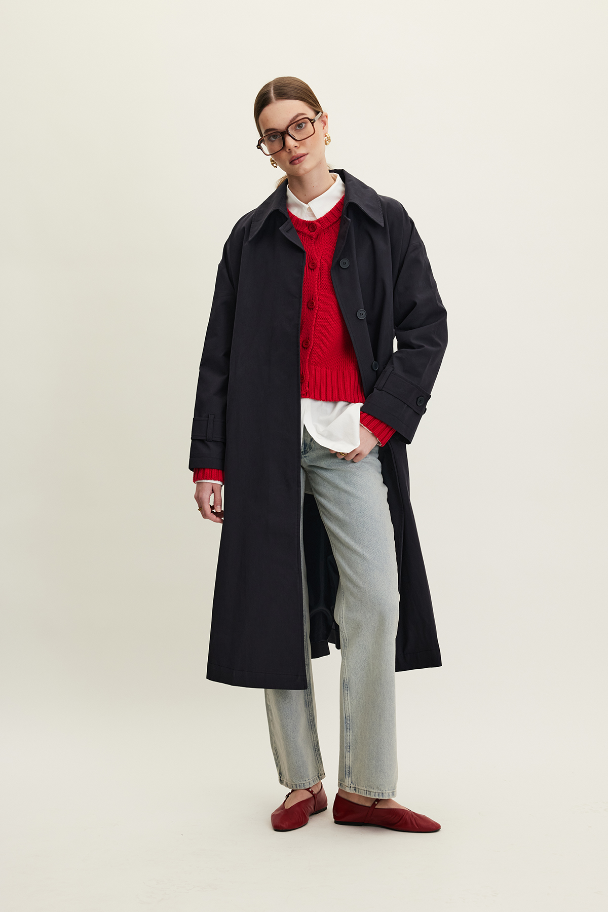 Manuka Kemerli Oversize Gabardin Trençkot Lacivert görsel 7