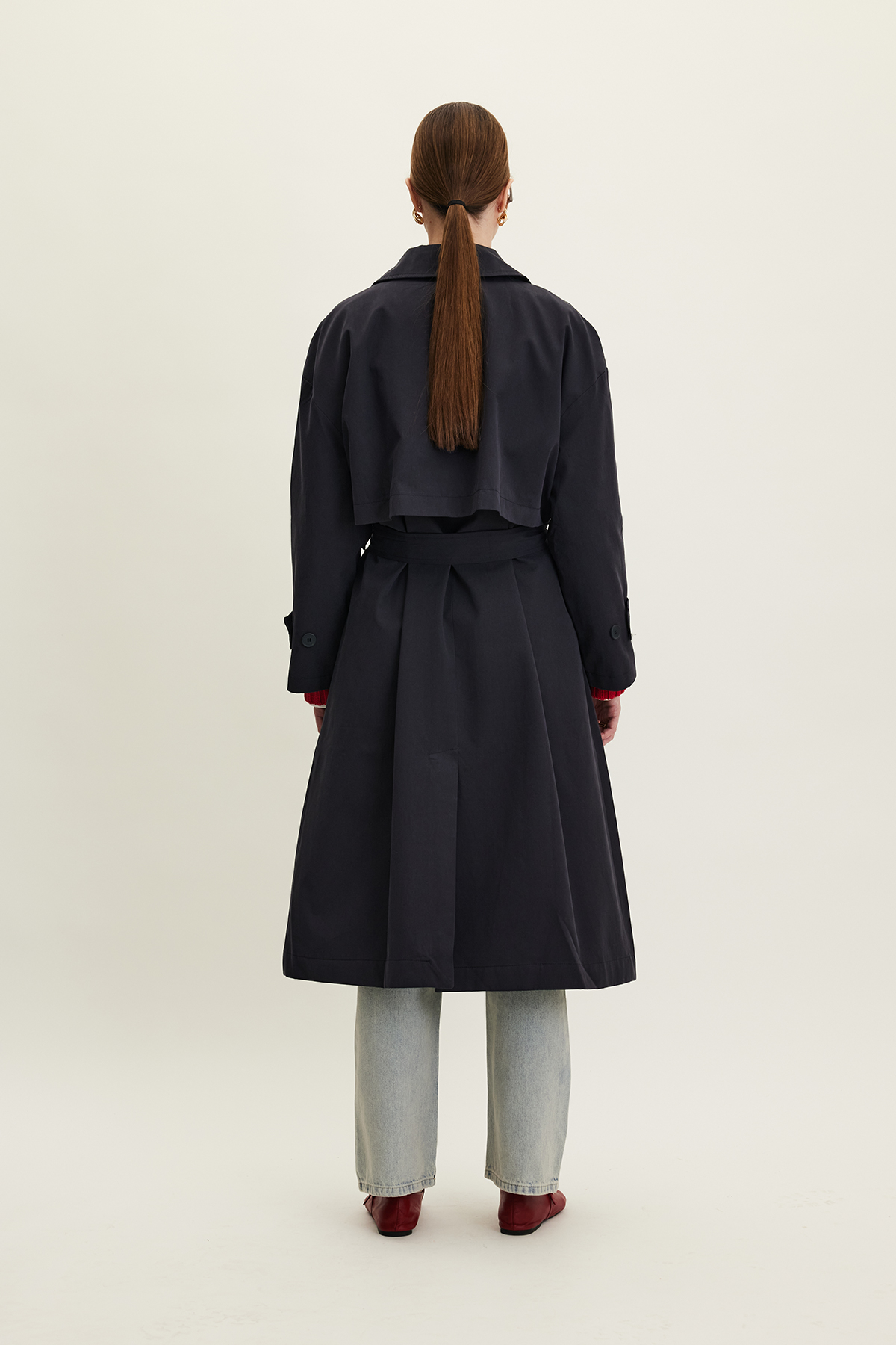 Manuka Kemerli Oversize Gabardin Trençkot Lacivert görsel 8