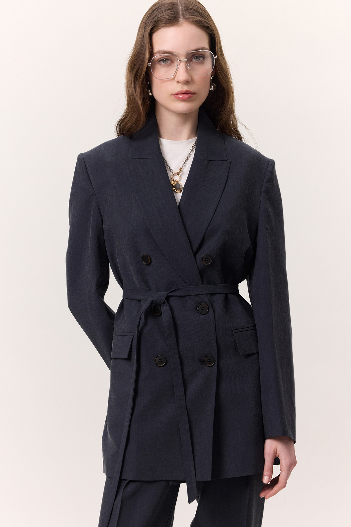 Manuka Lyocell Kemerli Kruvaze Blazer Ceket İndigo görsel 2