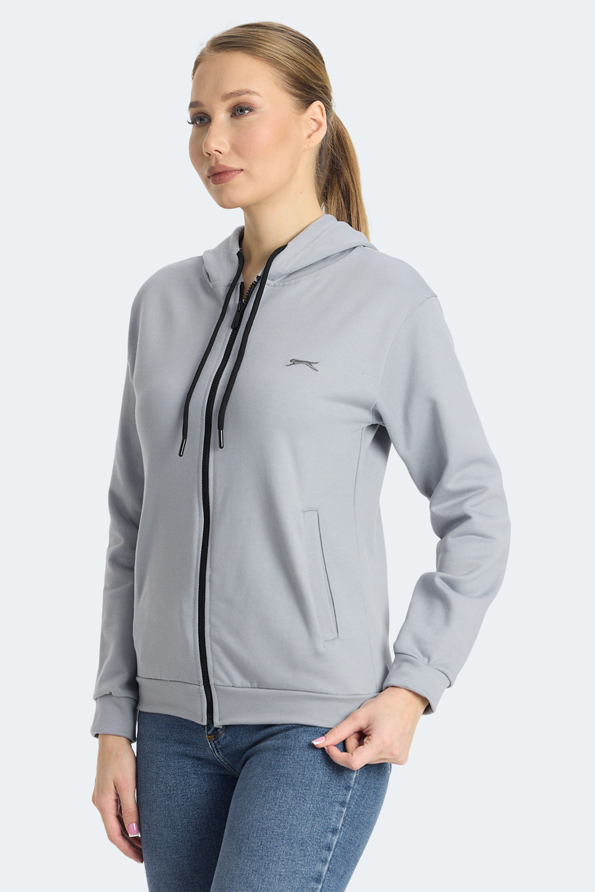 SLAZENGER KINET IN Kadın Fermuarlı Kapüşonlu Cepli Gri Sweatshırt görsel 3