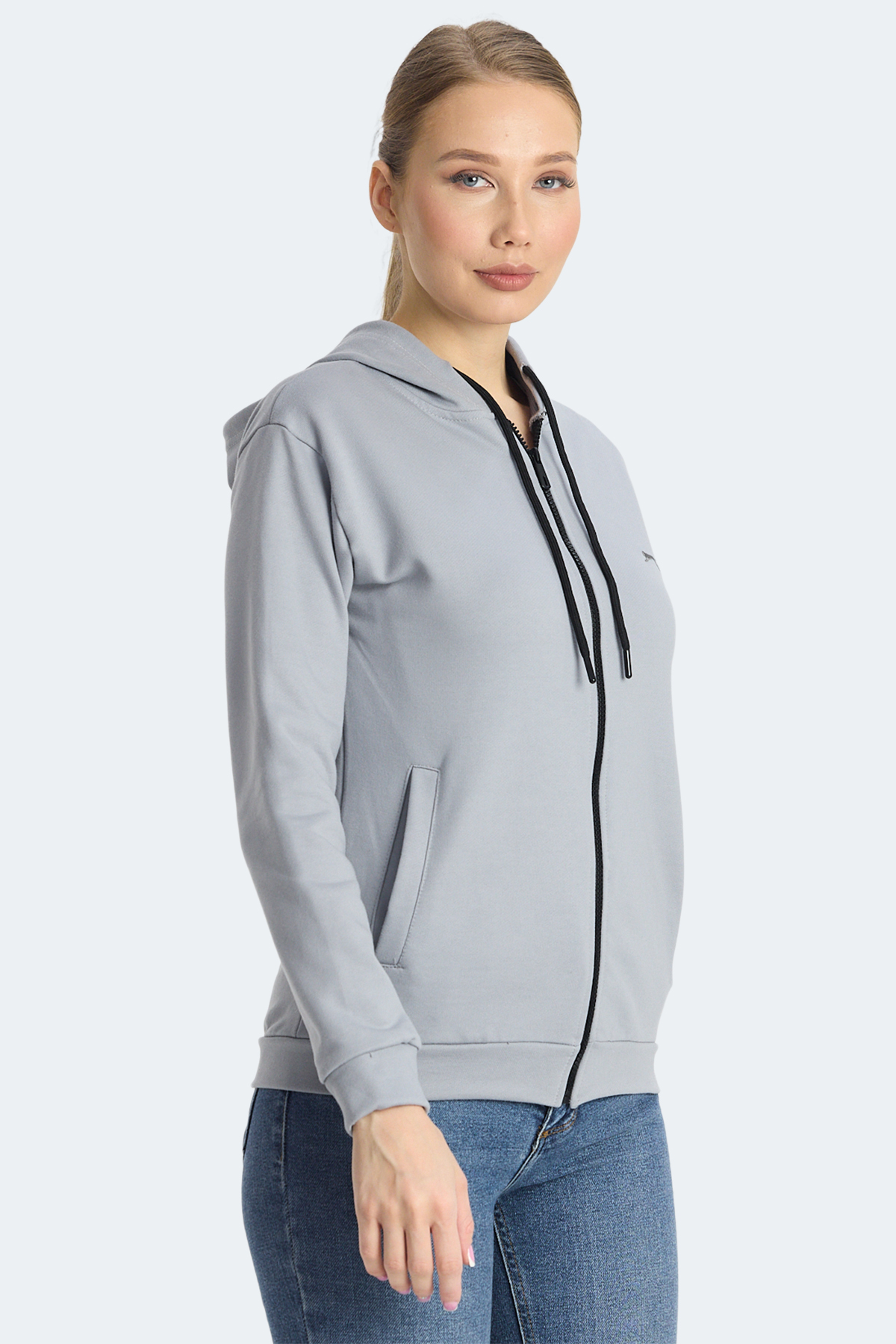 SLAZENGER KINET IN Kadın Fermuarlı Kapüşonlu Cepli Gri Sweatshırt görsel 4