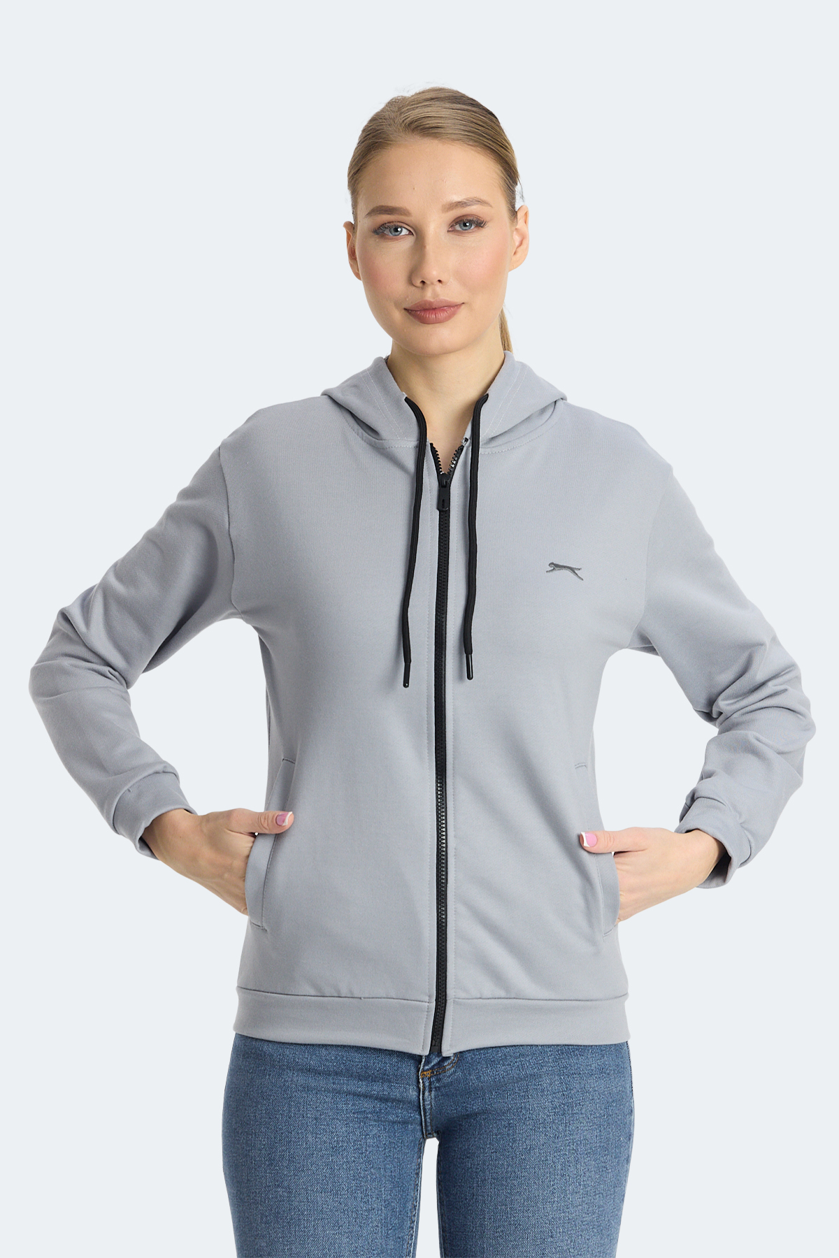 SLAZENGER KINET IN Kadın Fermuarlı Kapüşonlu Cepli Gri Sweatshırt görsel 6