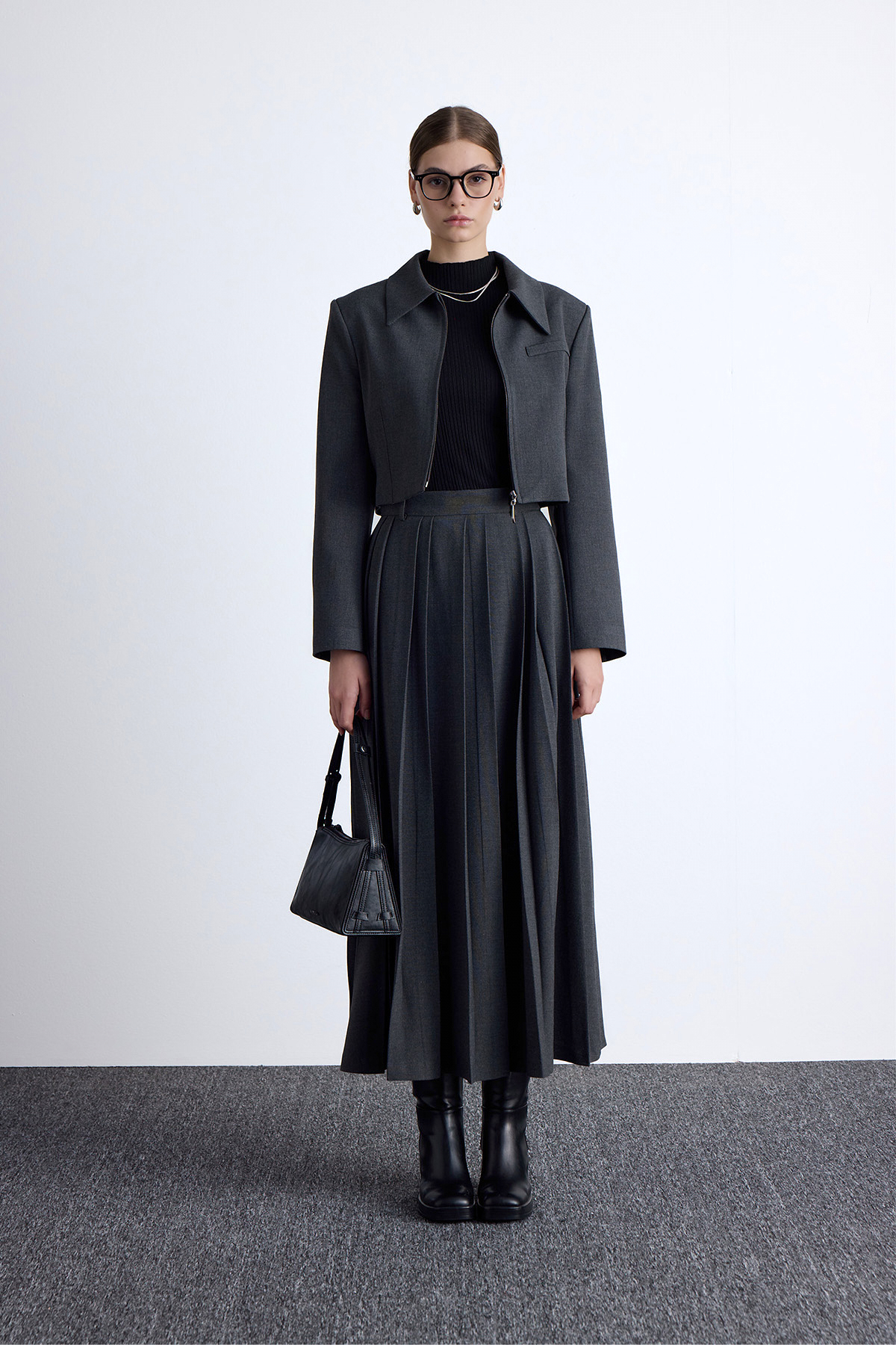 Manuka Klasik Kesim Crop Blazer Ceket Antrasit görsel 3