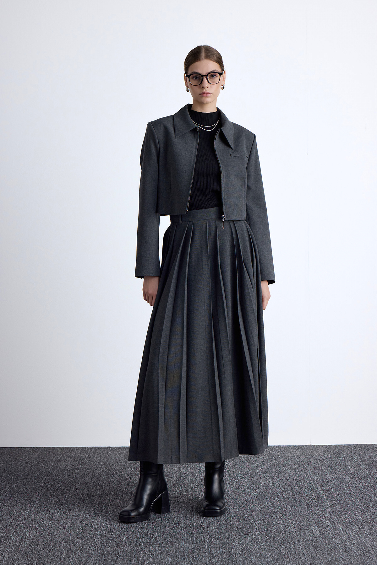 Manuka Klasik Kesim Crop Blazer Ceket Antrasit görsel 4