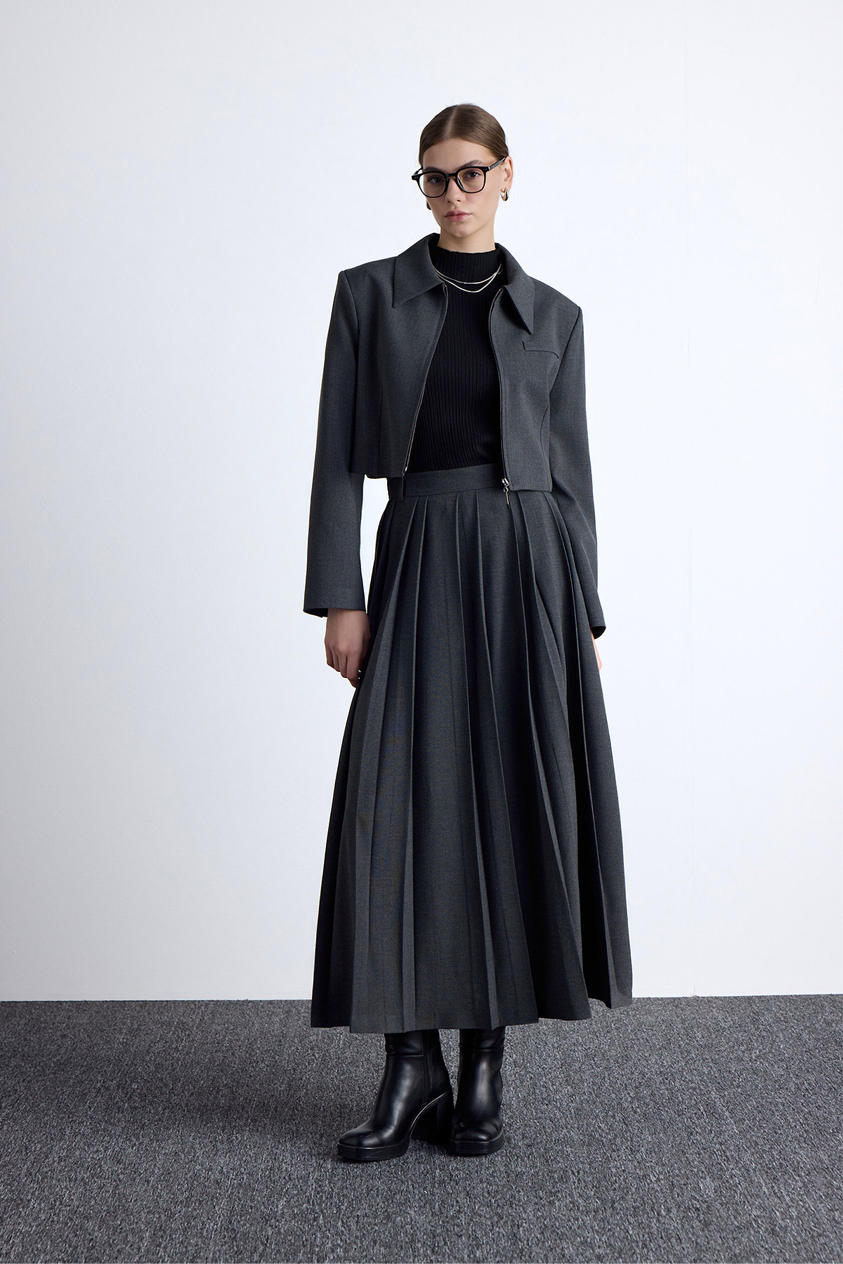 Manuka Klasik Kesim Crop Blazer Ceket Antrasit görsel 5