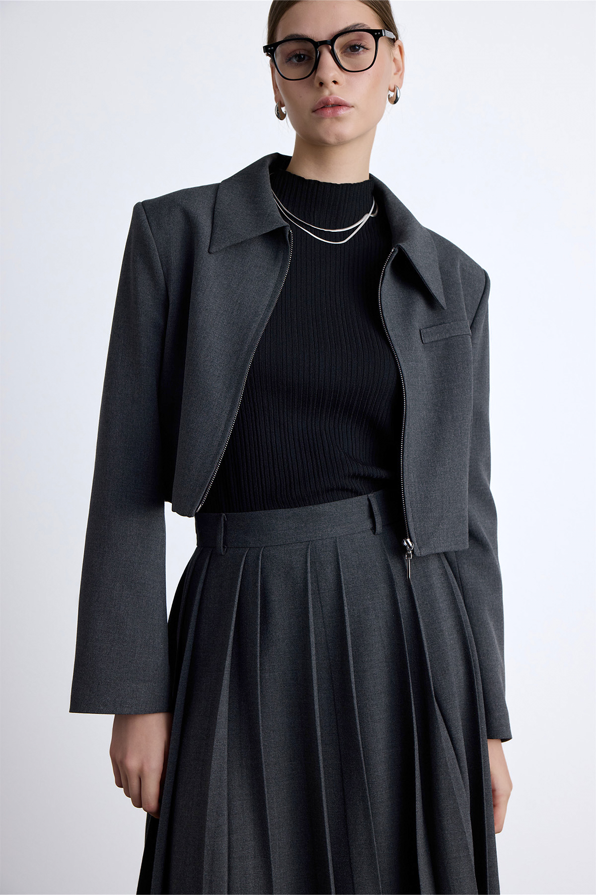 Manuka Klasik Kesim Crop Blazer Ceket Antrasit görsel 6