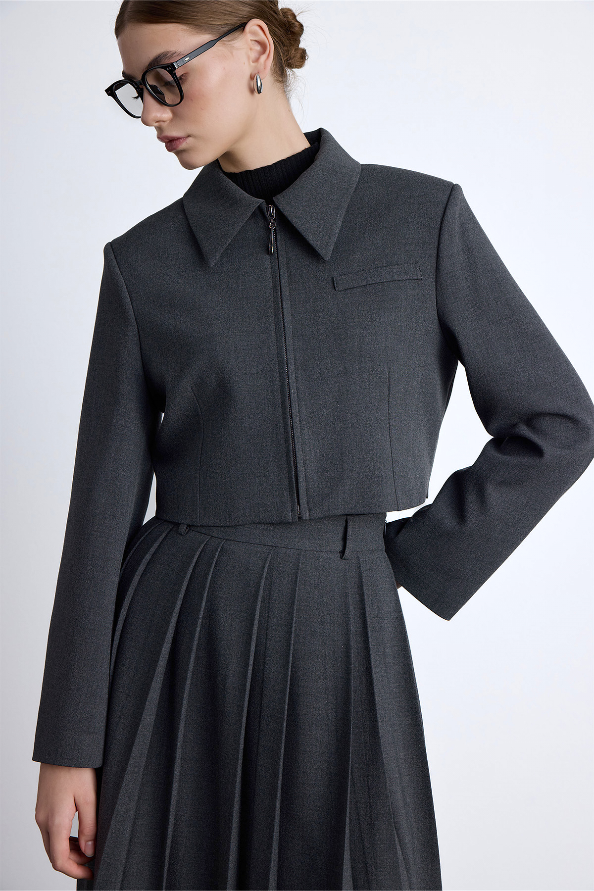 Manuka Klasik Kesim Crop Blazer Ceket Antrasit görsel 7