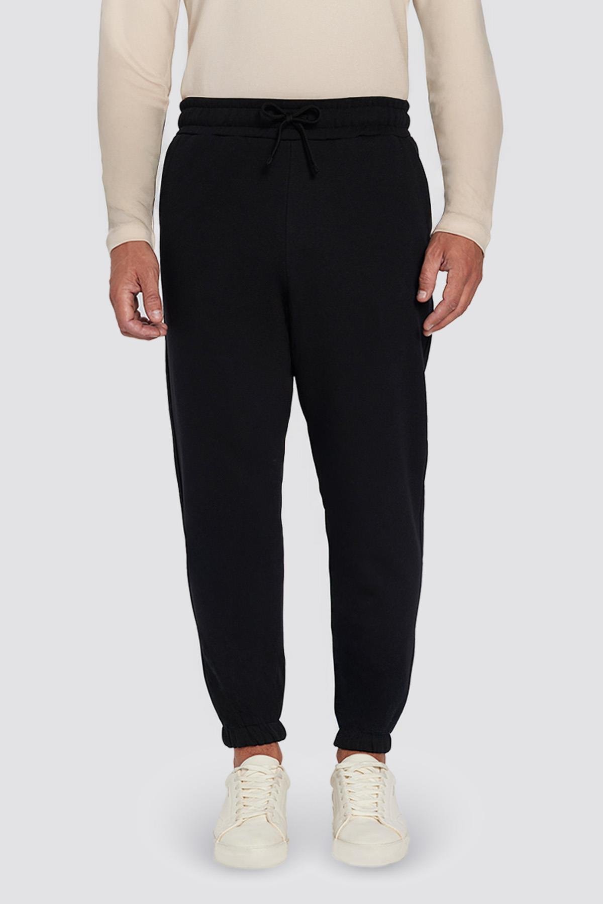 TUDORS Unisex Relax Fit Rahat Kesim Şardonlu 3 Cepli Lastikli Jogger Paça Siyah Erkek Jogger Eşofman Altı