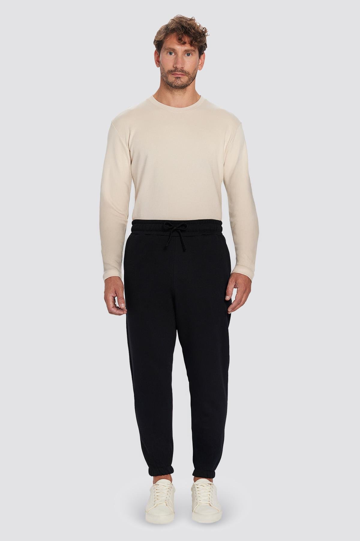 TUDORS Unisex Relax Fit Rahat Kesim Şardonlu 3 Cepli Lastikli Jogger Paça Siyah Erkek Jogger Eşofman Altı görsel 4