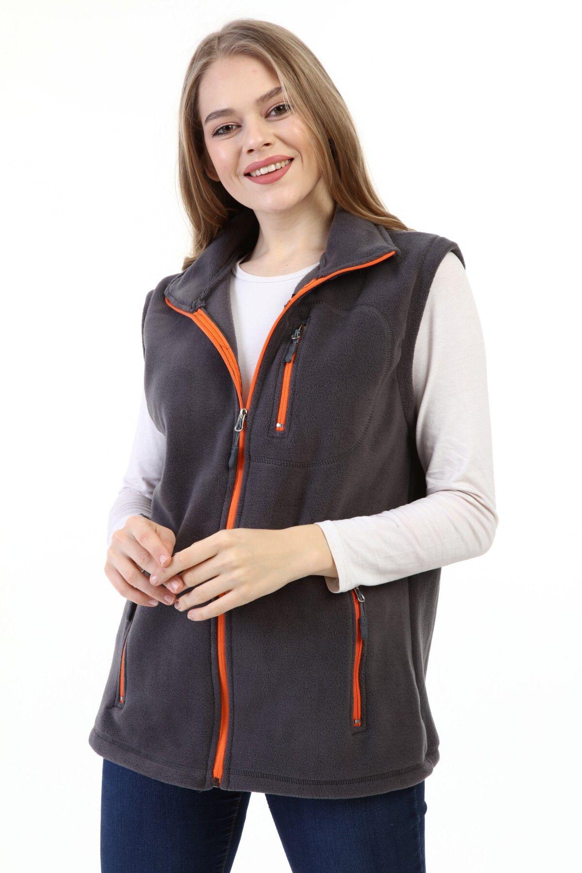 Genius Store Kadın Polar Yelek Tam Fermuarlı Outdoor Spor Yelek 3cepli görsel 2