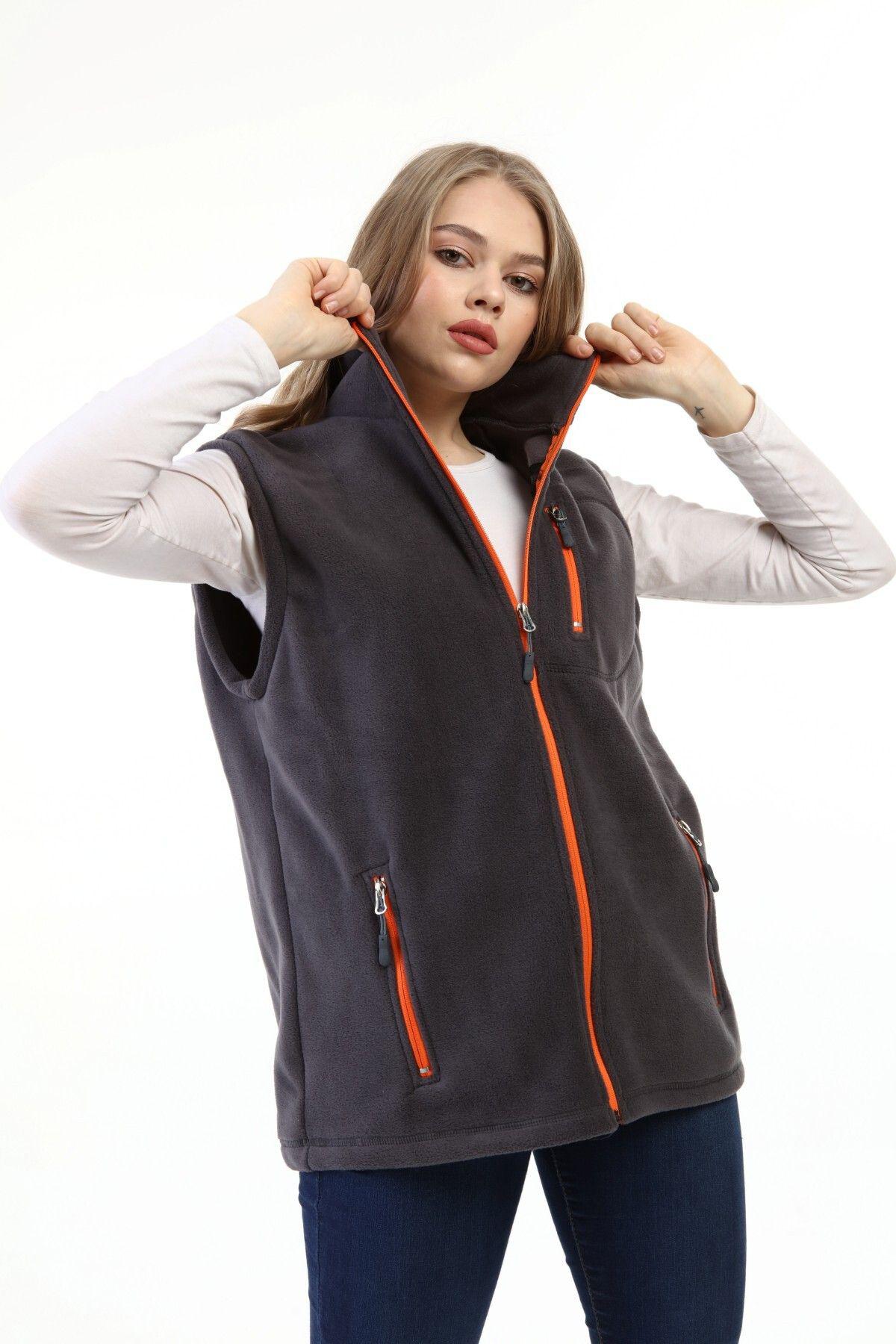 Genius Store Kadın Polar Yelek Tam Fermuarlı Outdoor Spor Yelek 3cepli görsel 3