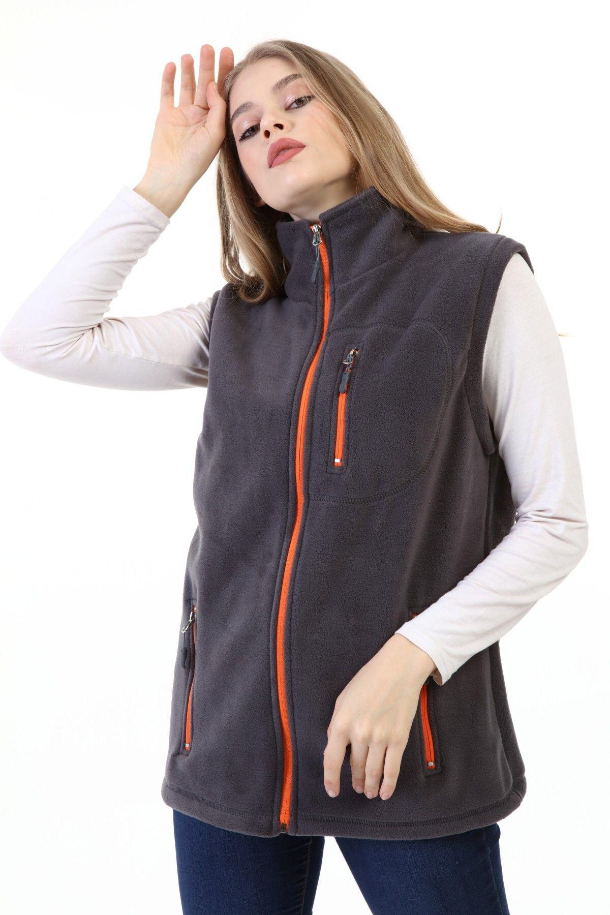 Genius Store Kadın Polar Yelek Tam Fermuarlı Outdoor Spor Yelek 3cepli görsel 4