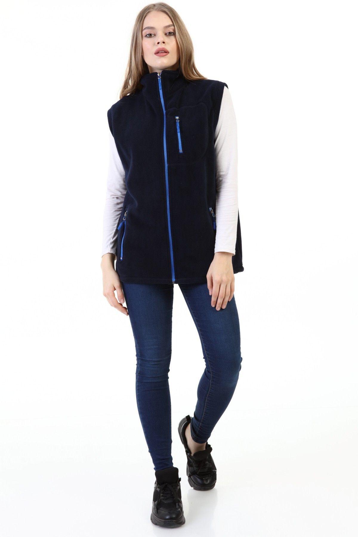Genius Store Kadın Polar Yelek Tam Fermuarlı Outdoor Spor Yelek 3cepli