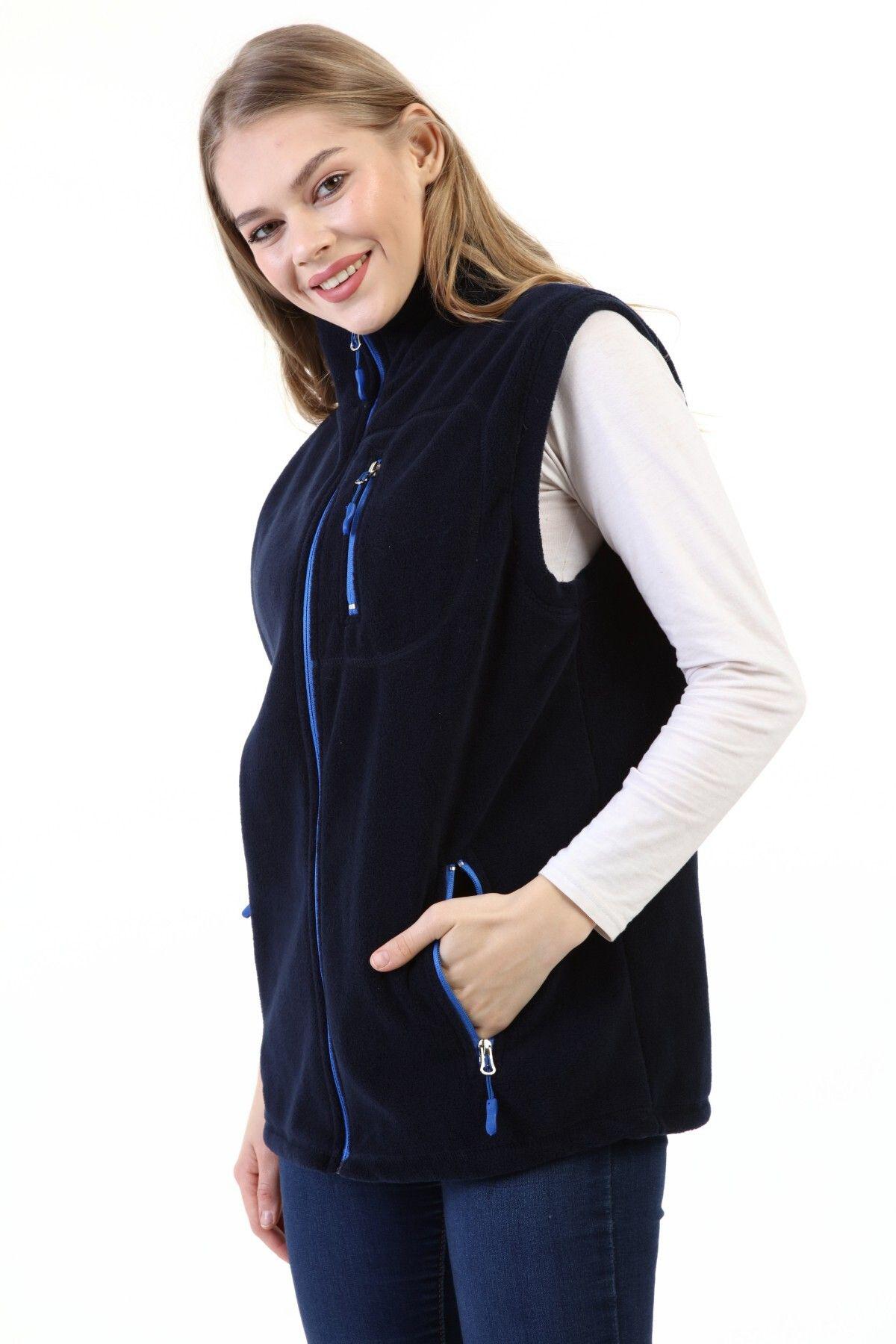 Genius Store Kadın Polar Yelek Tam Fermuarlı Outdoor Spor Yelek 3cepli görsel 2